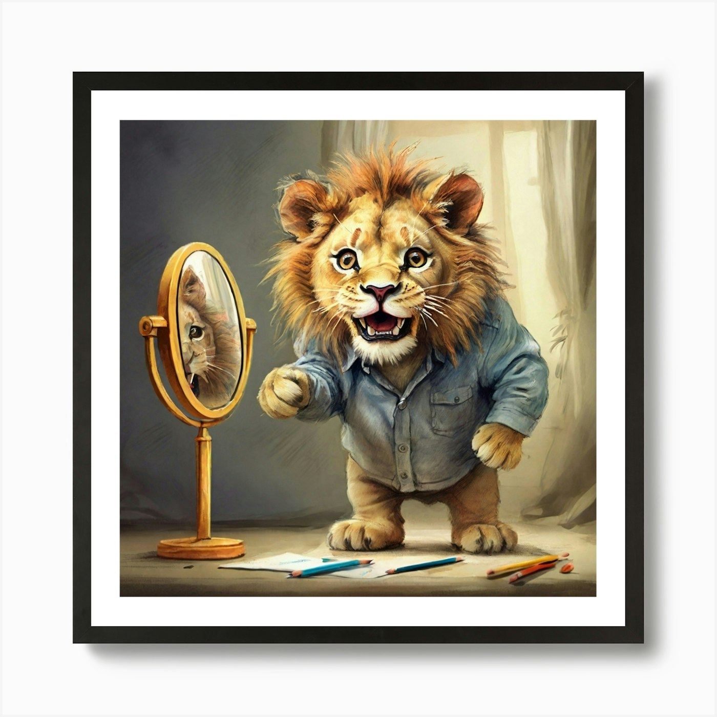 Lion In The Mirror 1 Art Print Framed Wall Art Poster Canvas Print Picture