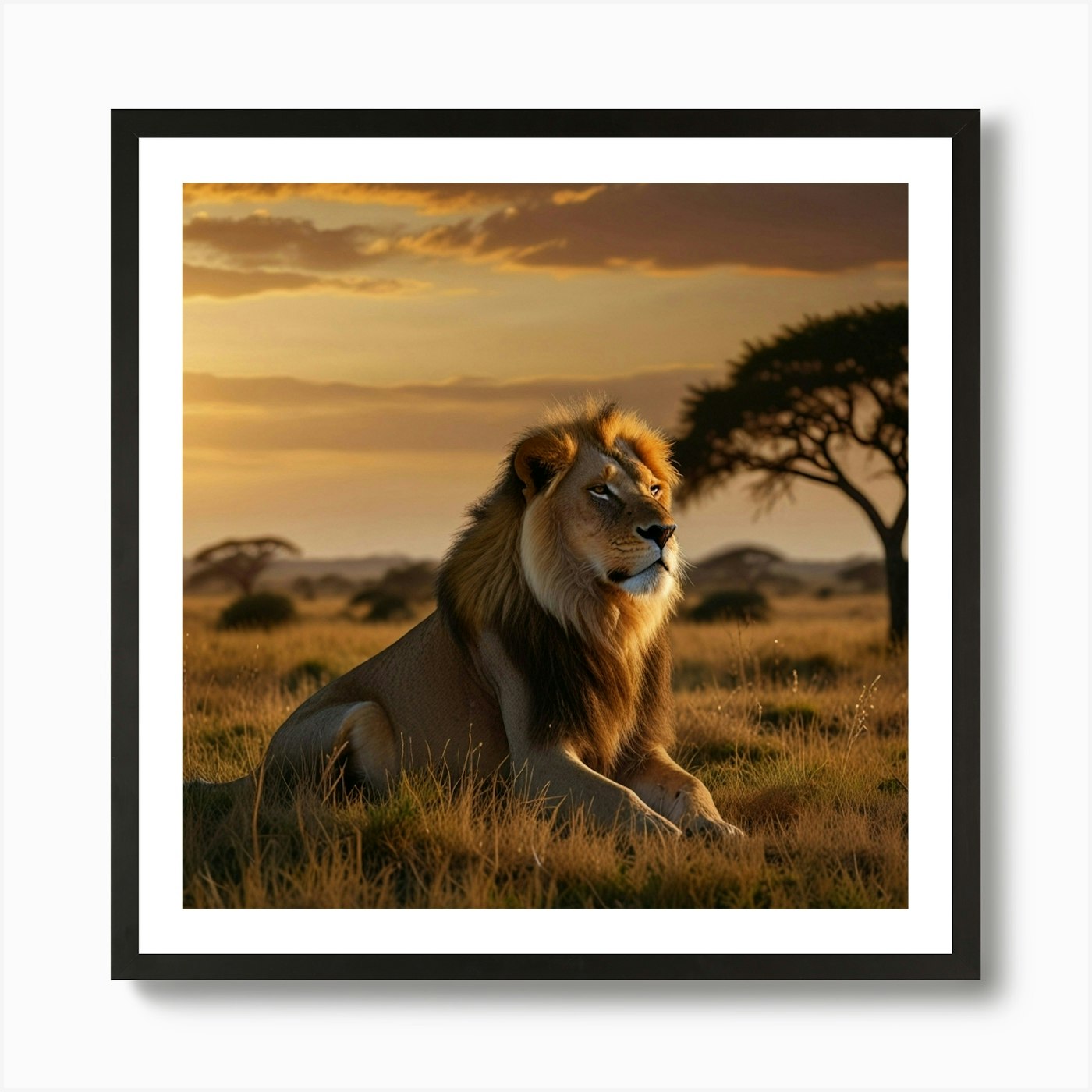 A Majestic Lion Lounging On A Grass Framed Wall Art Poster Canvas Print Picture