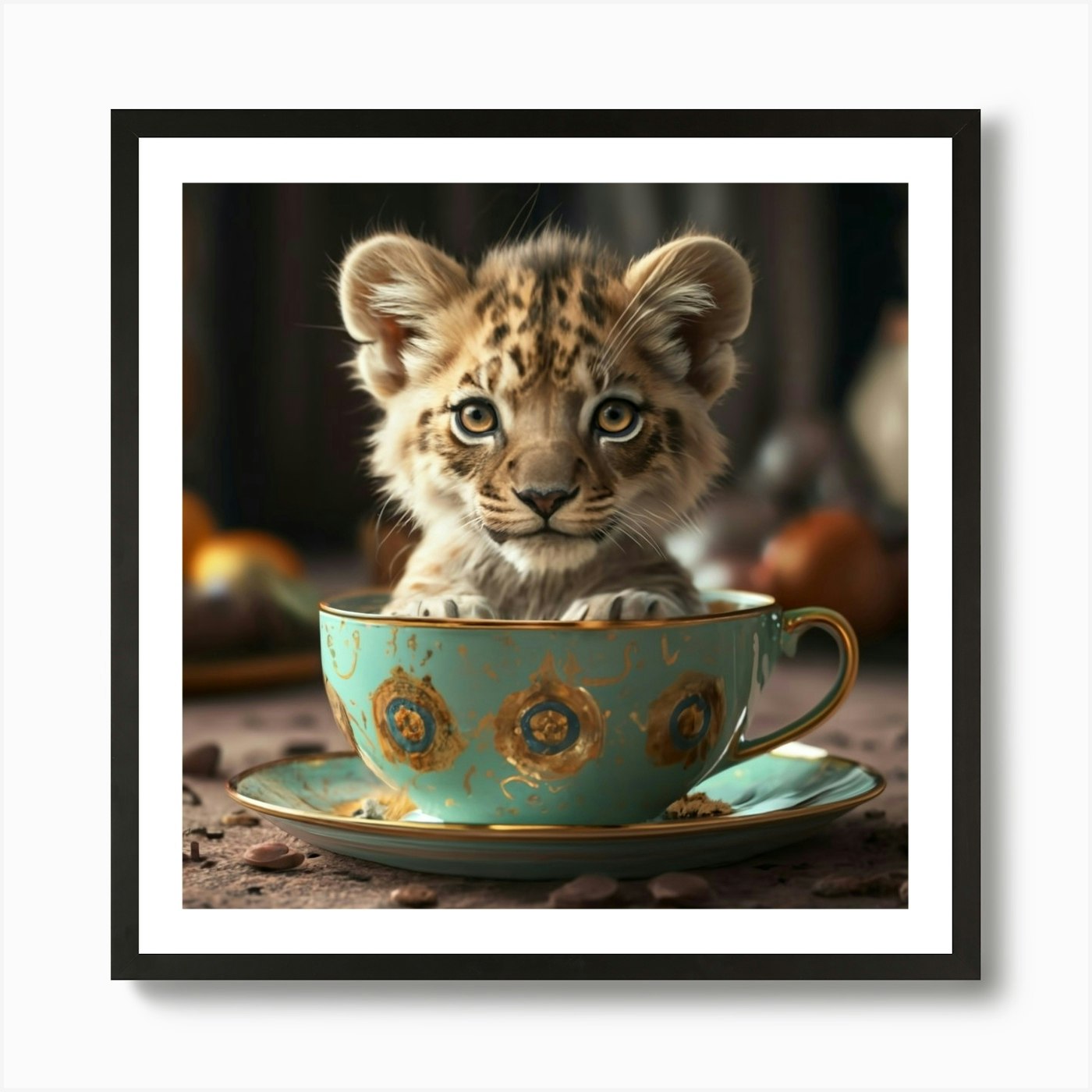 Lion Cub In A Teacup 1 Art Print Framed Wall Art Poster Canvas Print Picture
