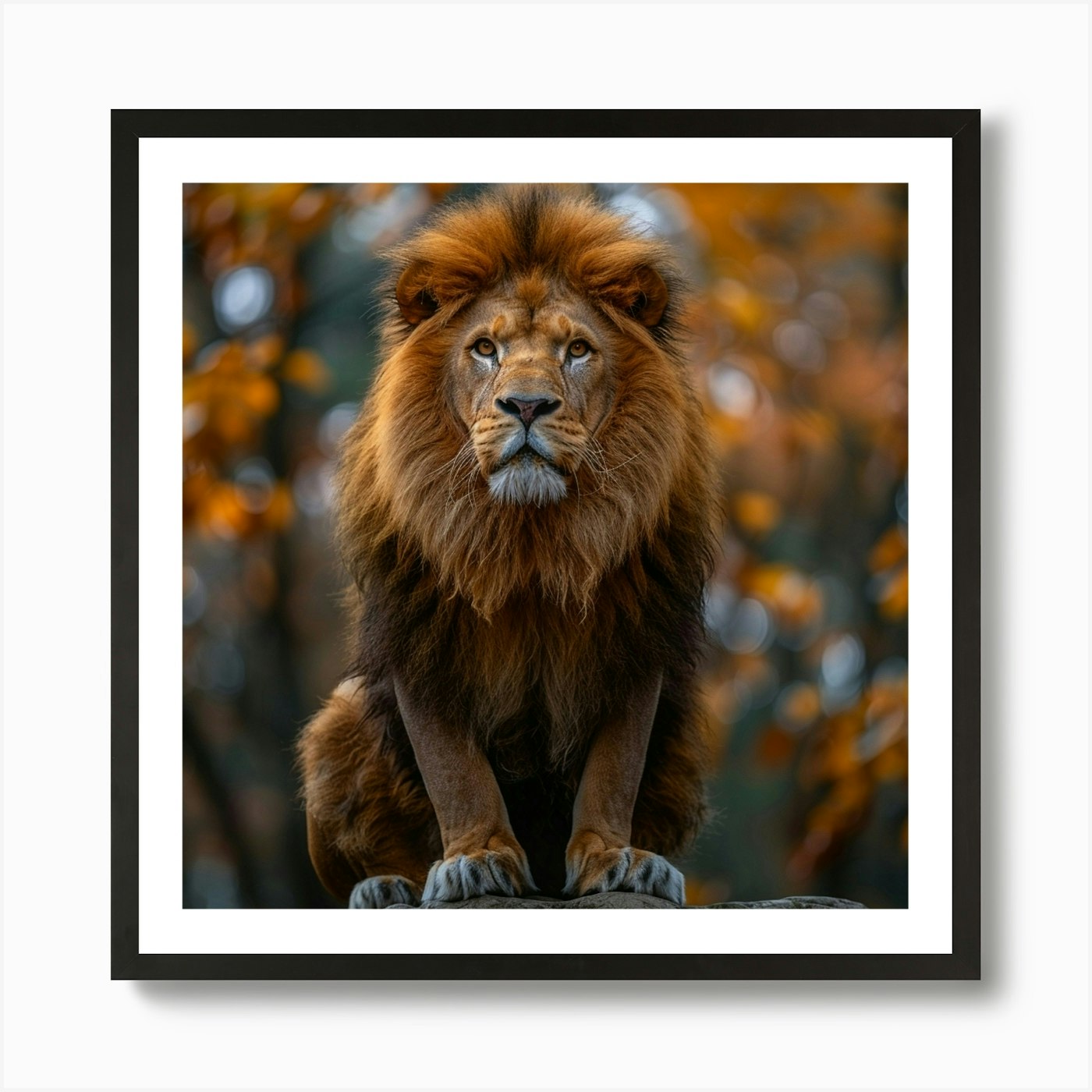 Lion In Autumn Forest Art Print Framed Wall Art Poster Canvas Print Picture