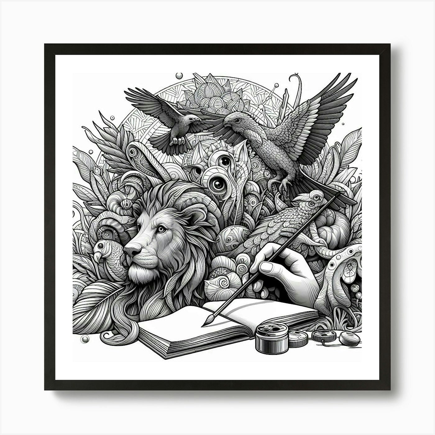 Lion And Bird Drawing Art Print Framed Wall Art Poster Canvas Print Picture