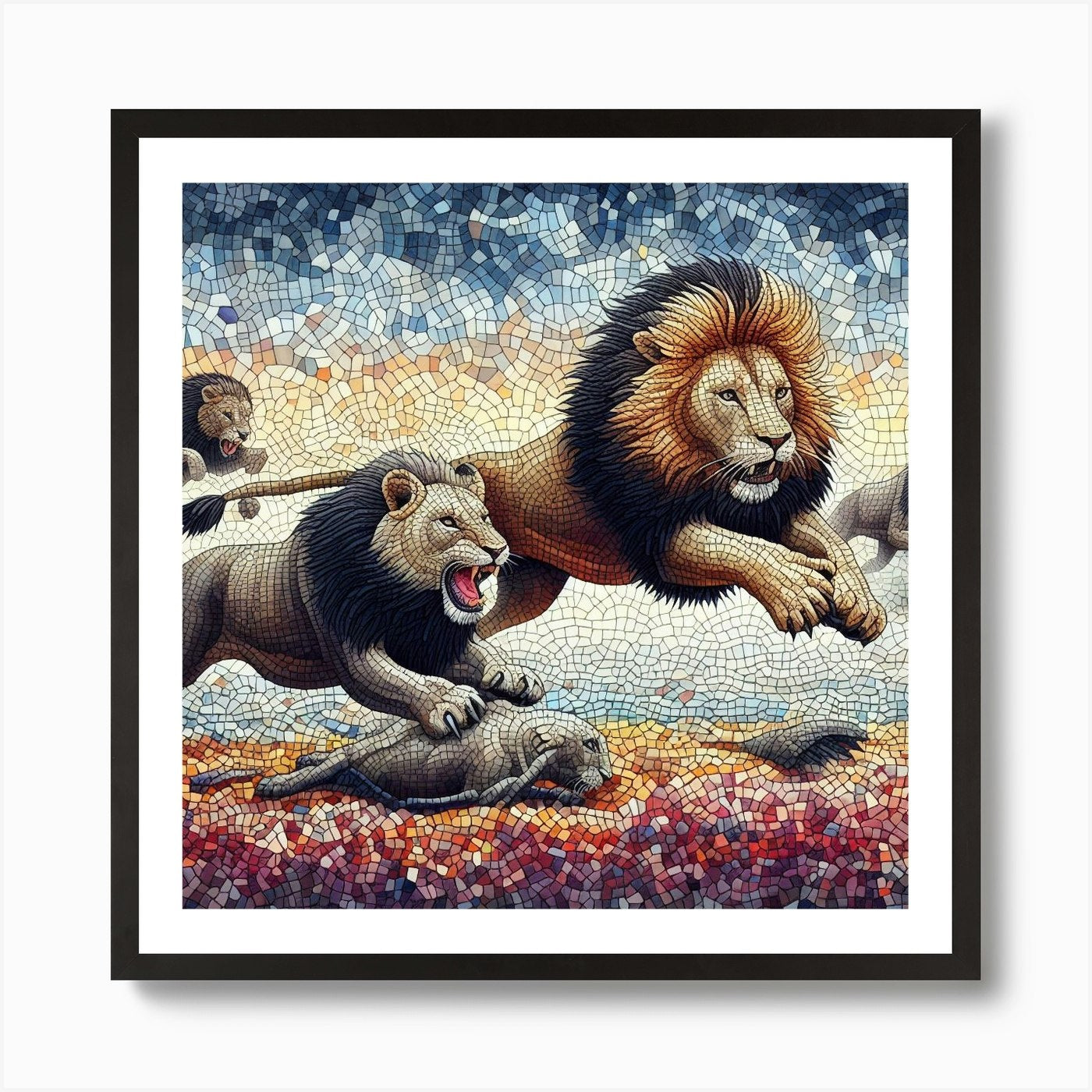 Feeding Time Lions Mosaic Art Print Framed Wall Art Poster Canvas Print Picture