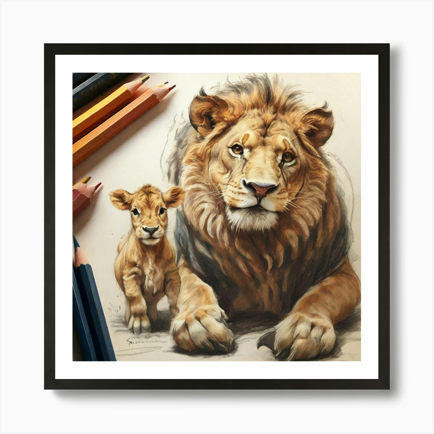 Lion And Cub Art Print Framed Wall Art Poster Canvas Print Picture