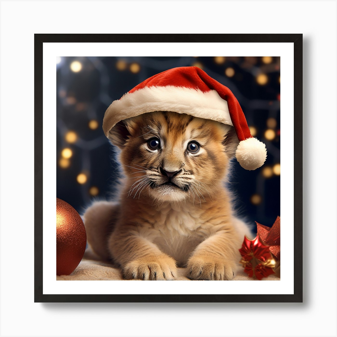 Christmas Lion Cub Art Print Framed Wall Art Poster Canvas Print Picture