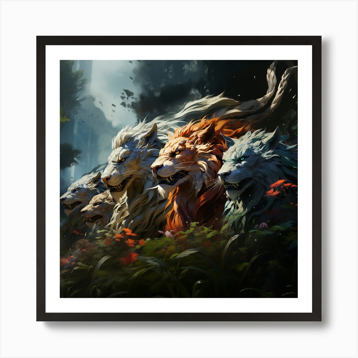 Lions Roaming In The Forest Art Pri Framed Wall Art Poster Canvas Print Picture