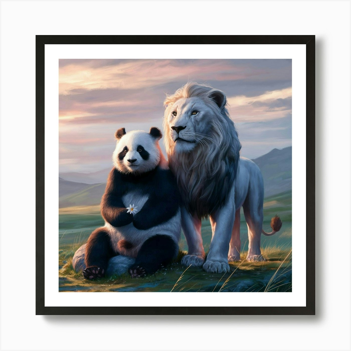 Lion And Panda Art Print Framed Wall Art Poster Canvas Print Picture