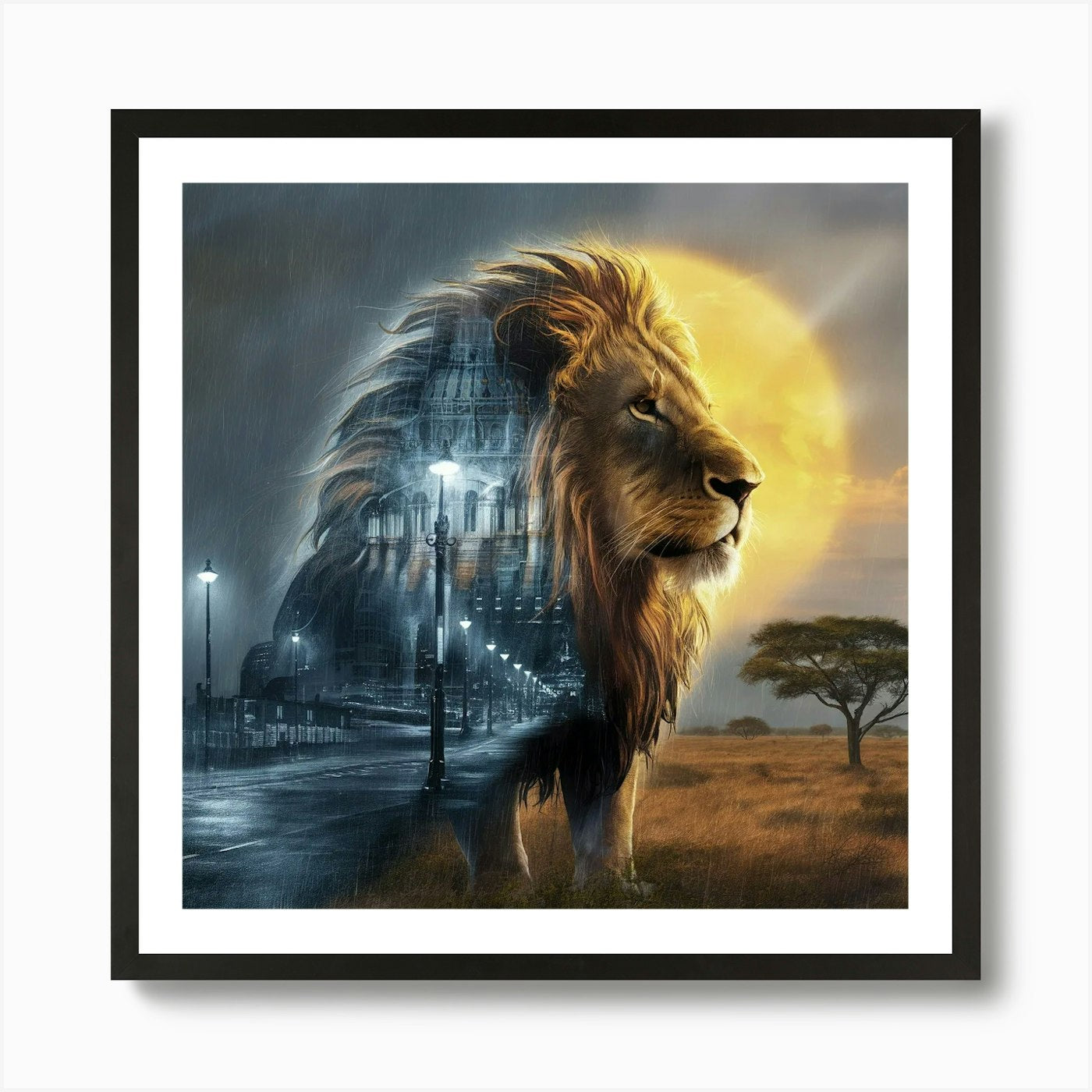 Lion In The Rain Art Print Framed Wall Art Poster Canvas Print Picture