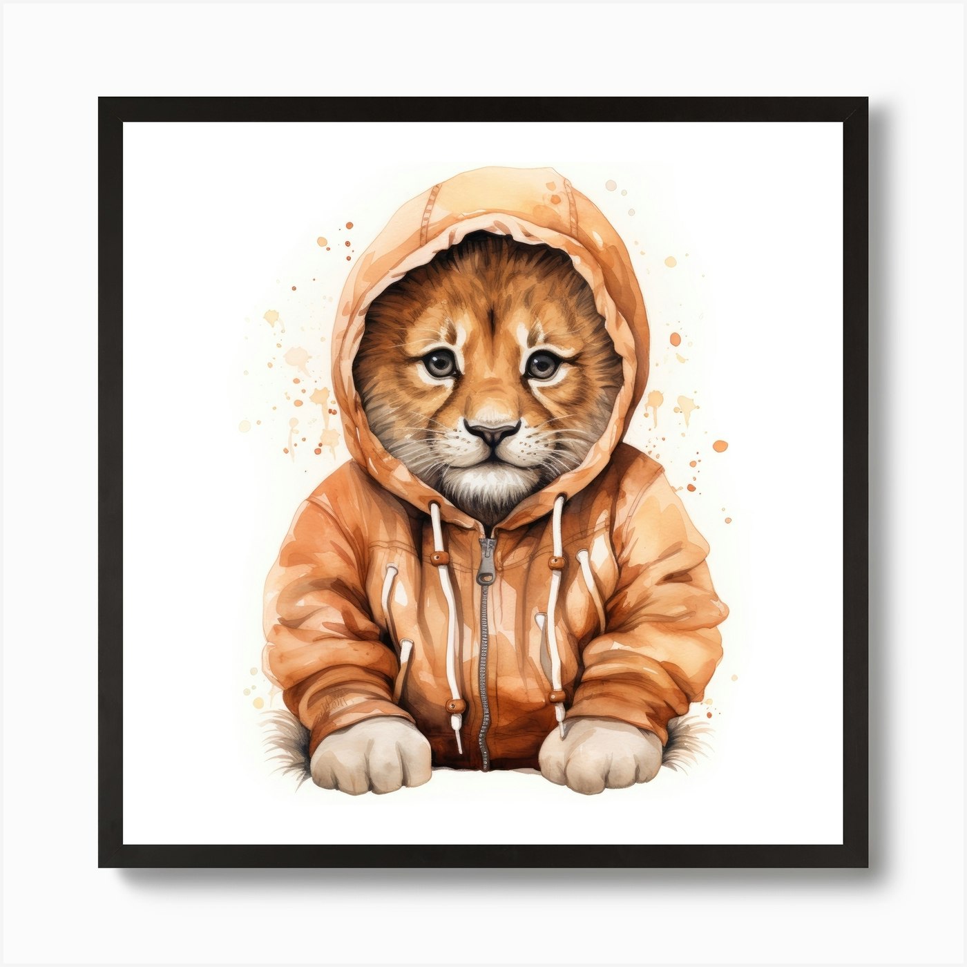 Watercolour Cartoon Lion In A Hoodi Framed Wall Art Poster Canvas Print Picture