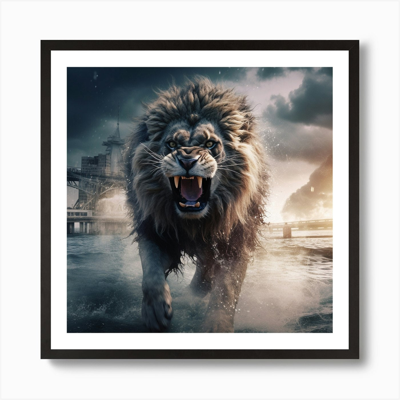Roaring Lion Standing In The Water Framed Wall Art Poster Canvas Print Picture