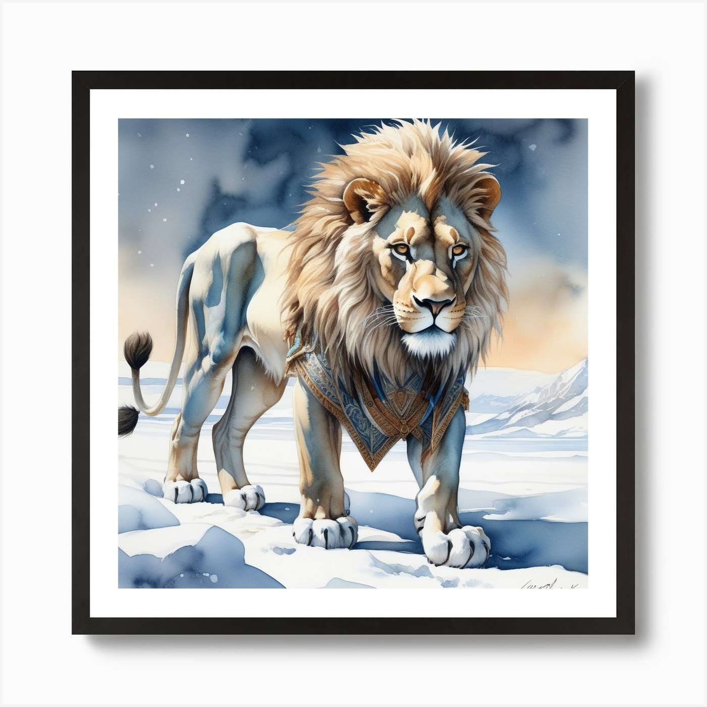 White Winter lion art Watercolor Ar Framed Wall Art Poster Canvas Print Picture