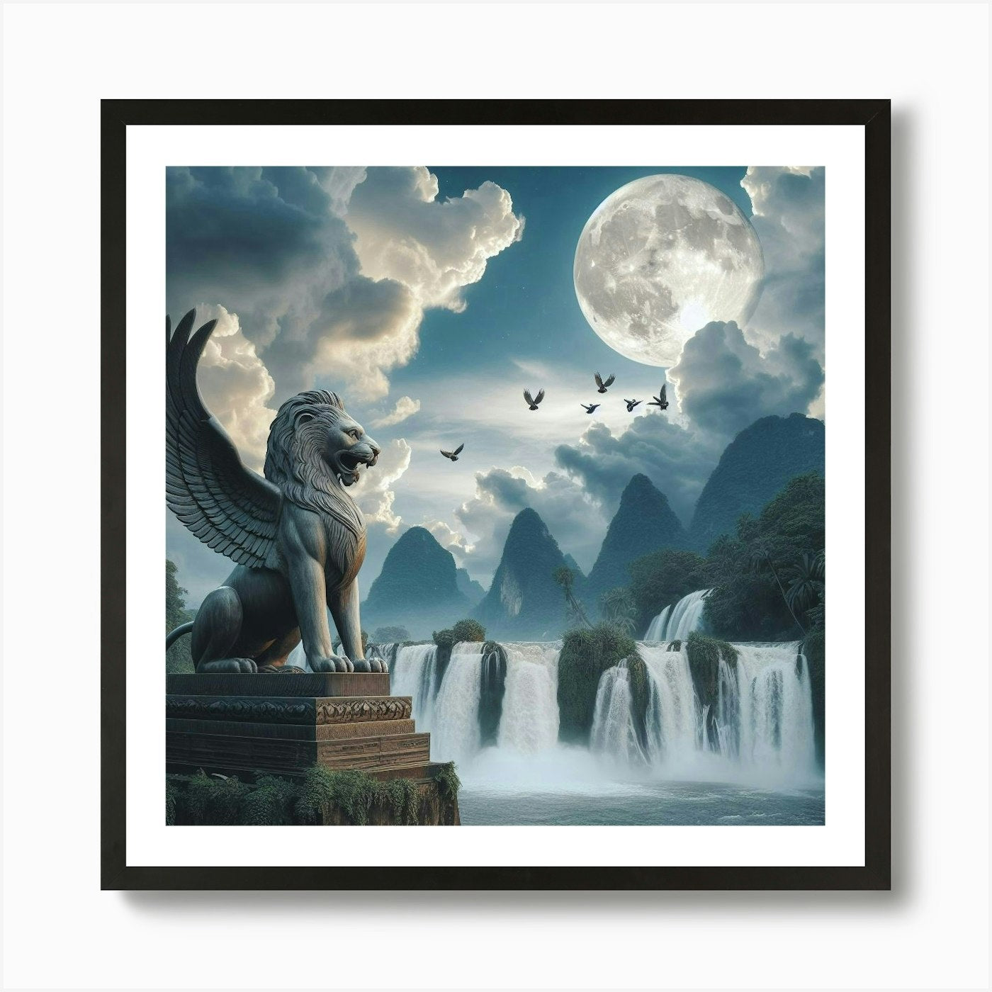 Lion And Waterfall Art Print Framed Wall Art Poster Canvas Print Picture