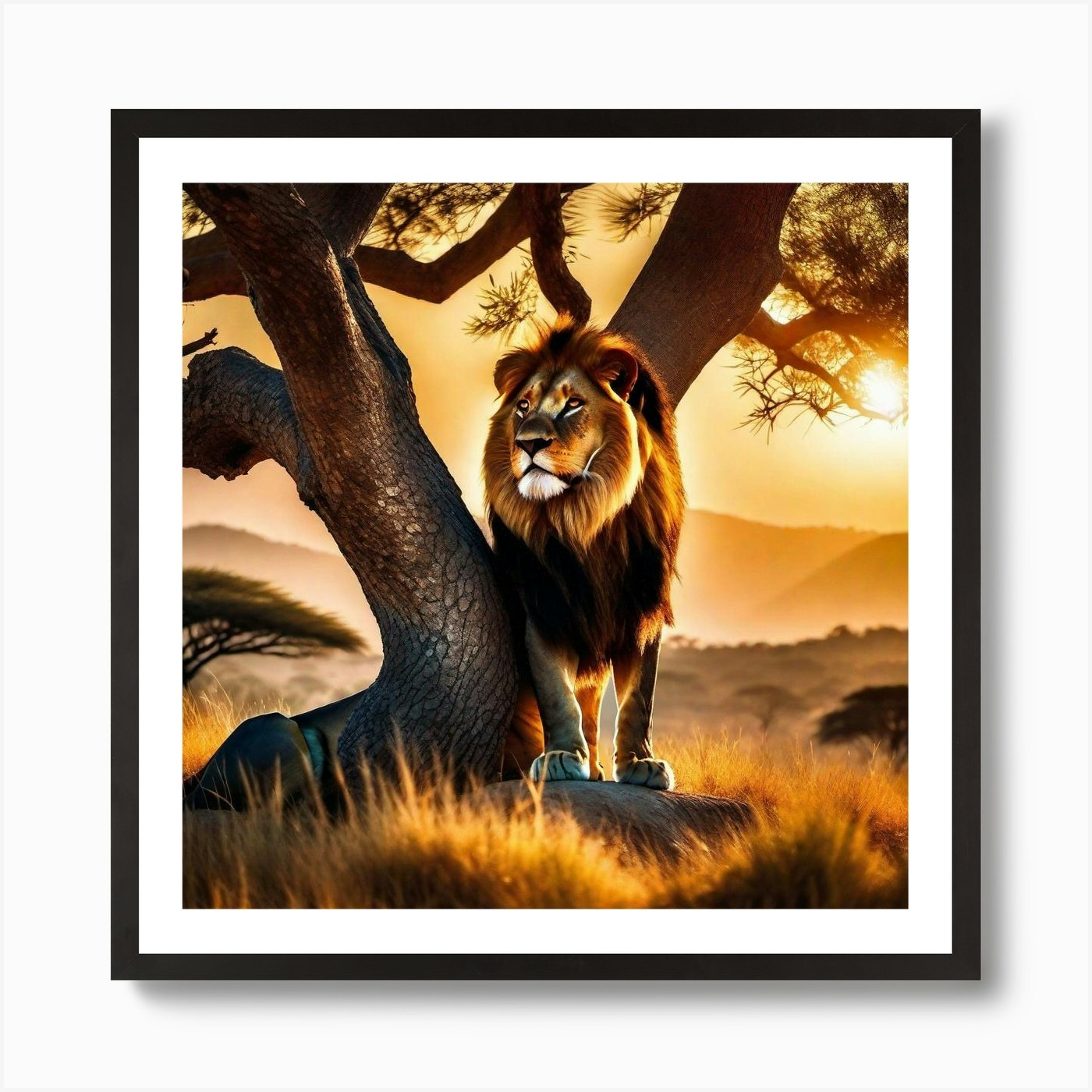 Lion In The Sunset 2 Art Print Framed Wall Art Poster Canvas Print Picture