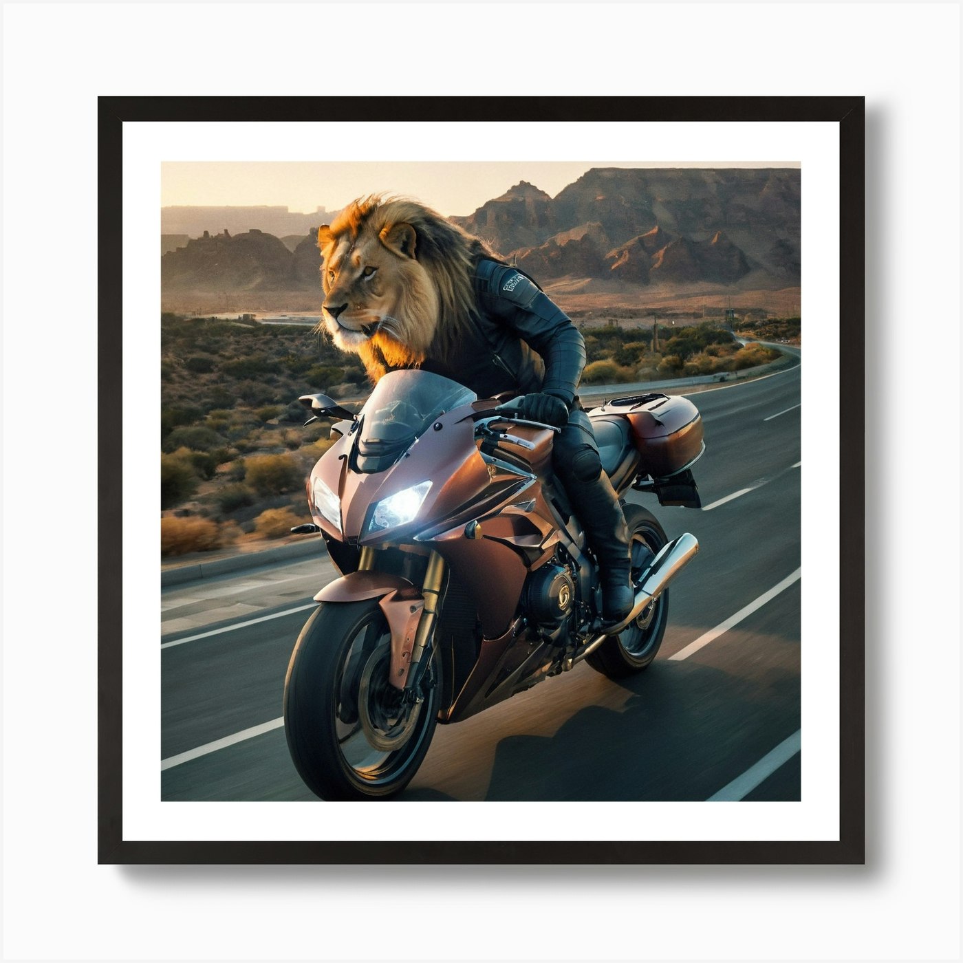 Lion On A Motorcycle 2 Art Print Framed Wall Art Poster Canvas Print Picture