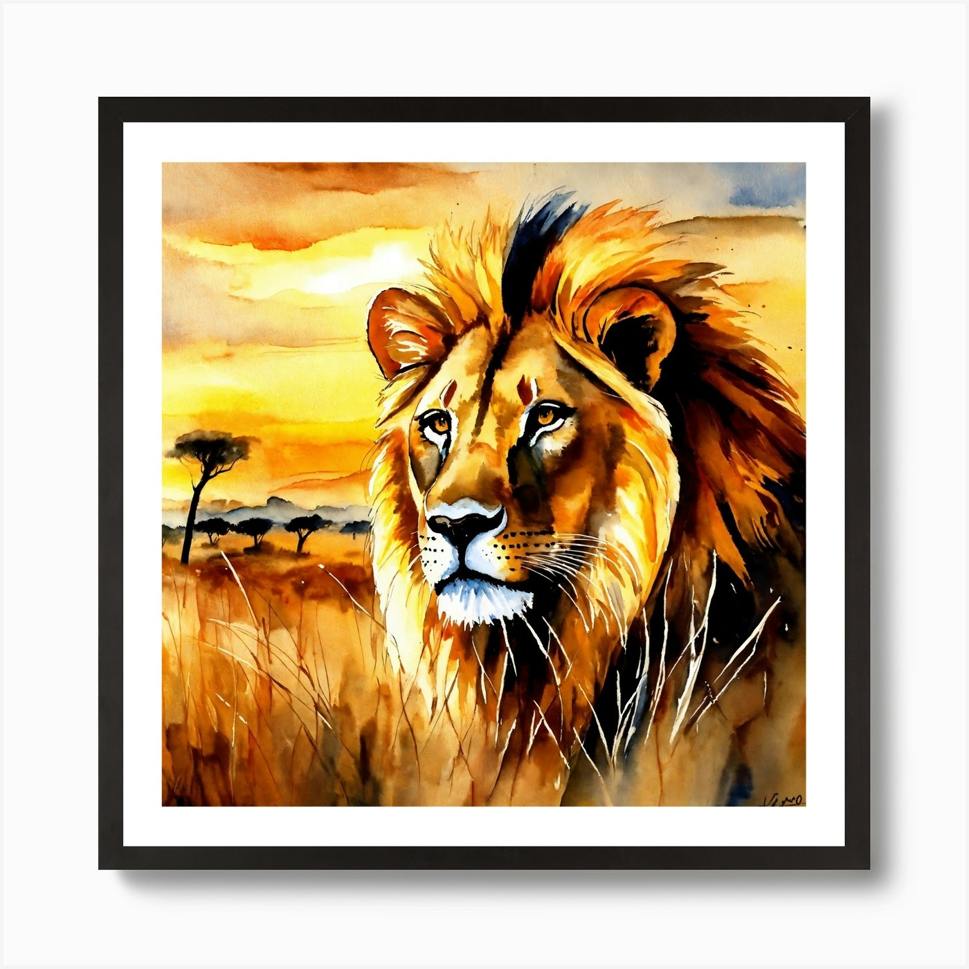 watercolor Lion In The Savannah Art Framed Wall Art Poster Canvas Print Picture