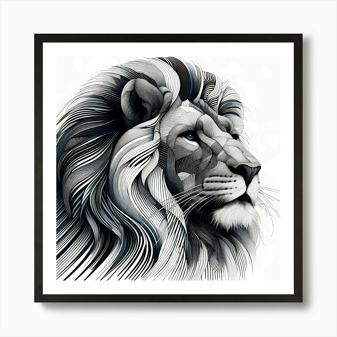 Male Lion Head - Abstract Line Art Framed Wall Art Poster Canvas Print Picture