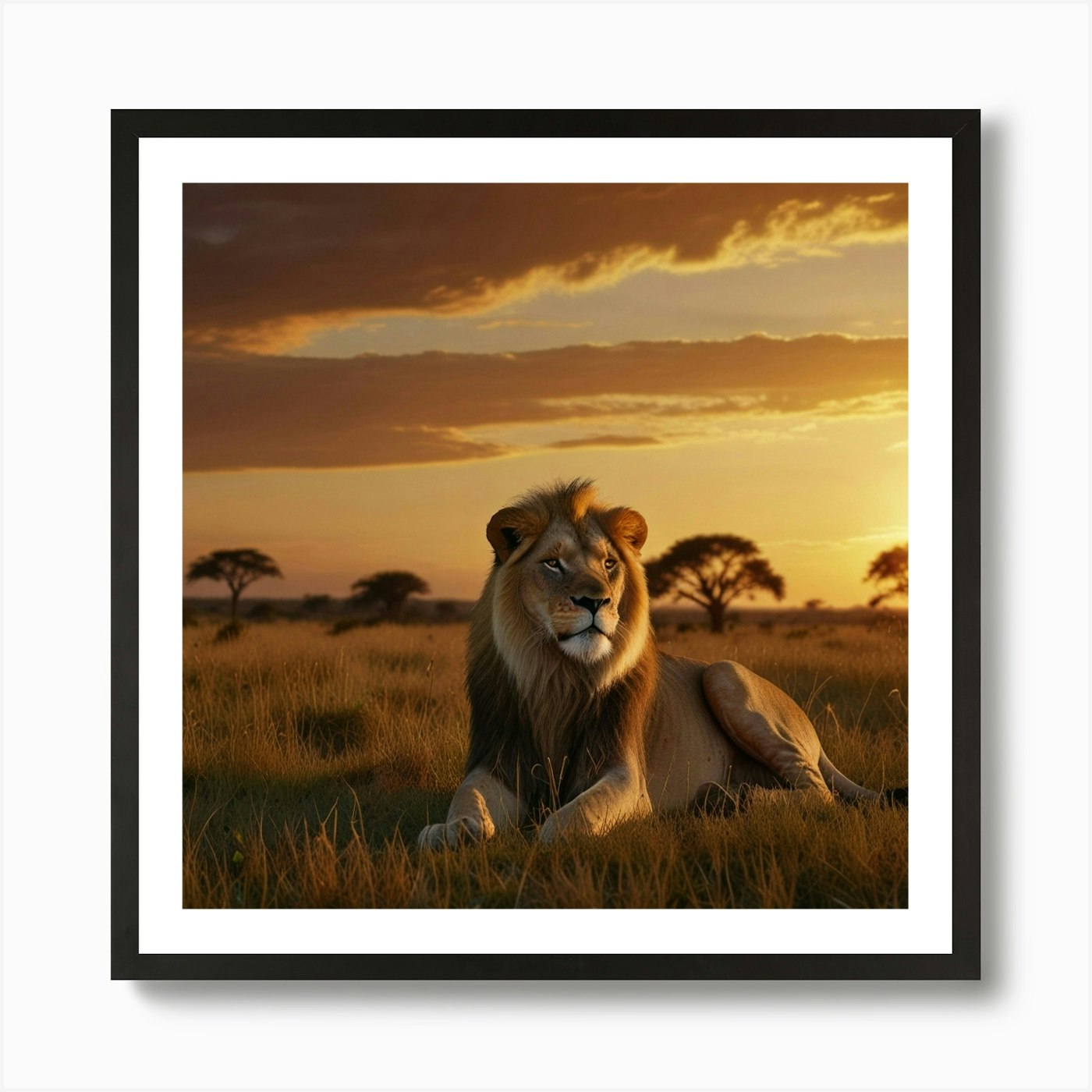 A Majestic Lion Lounging On A Grass Framed Wall Art Poster Canvas Print Picture