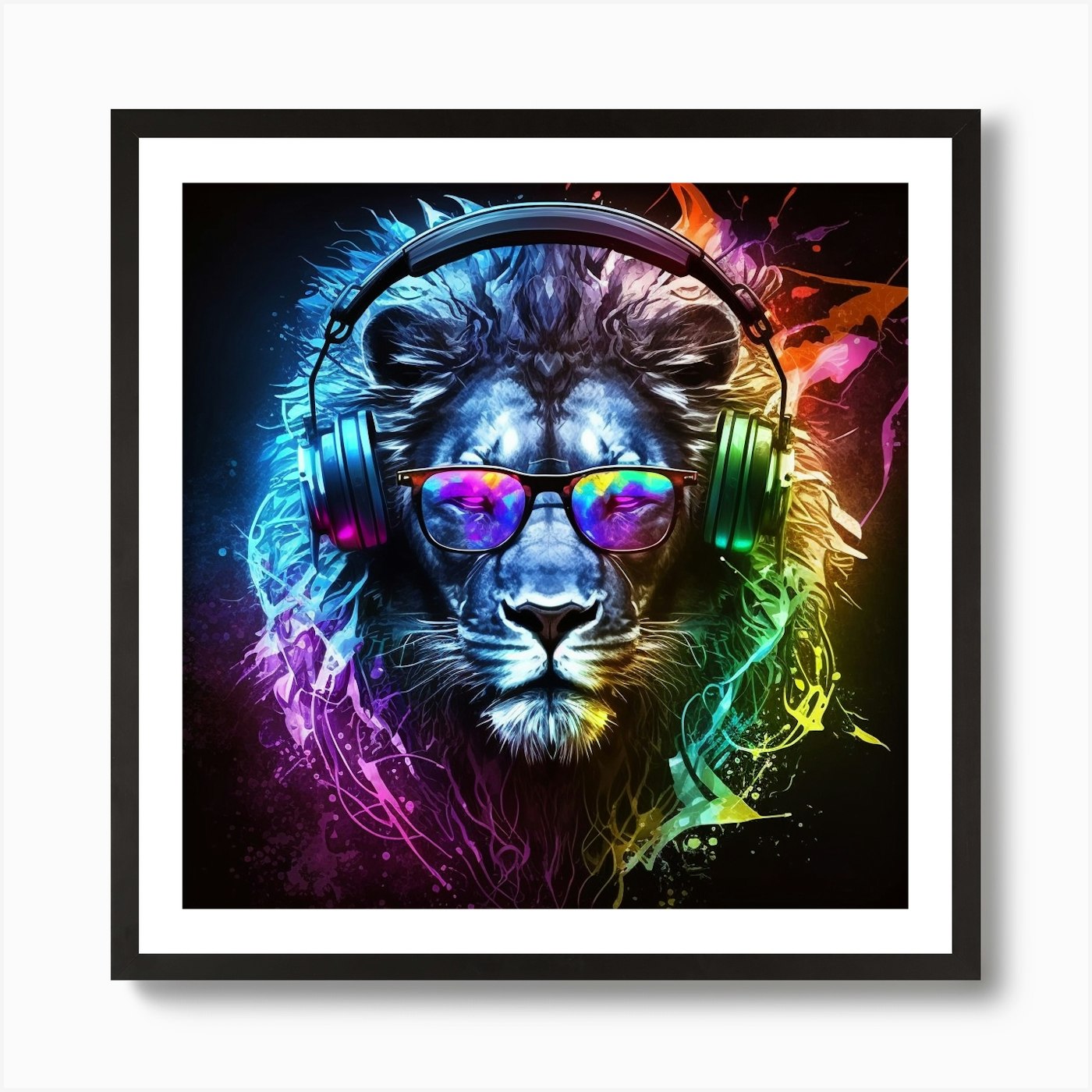 Lion With Headphones Art Print Framed Wall Art Poster Canvas Print Picture