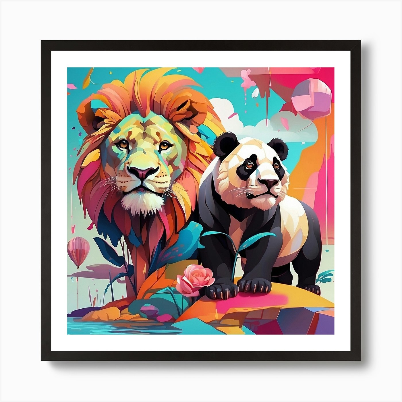 Panda And Lion Art Print Framed Wall Art Poster Canvas Print Picture