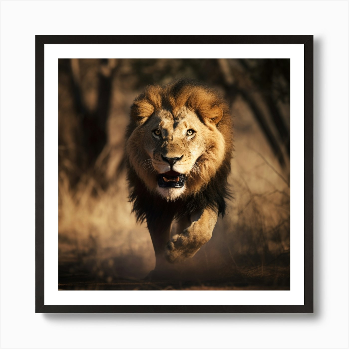 Angry Lion Charging Art Print Framed Wall Art Poster Canvas Print Picture