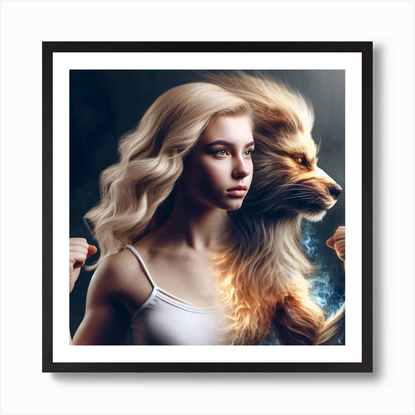Lion And Woman Art Print Framed Wall Art Poster Canvas Print Picture