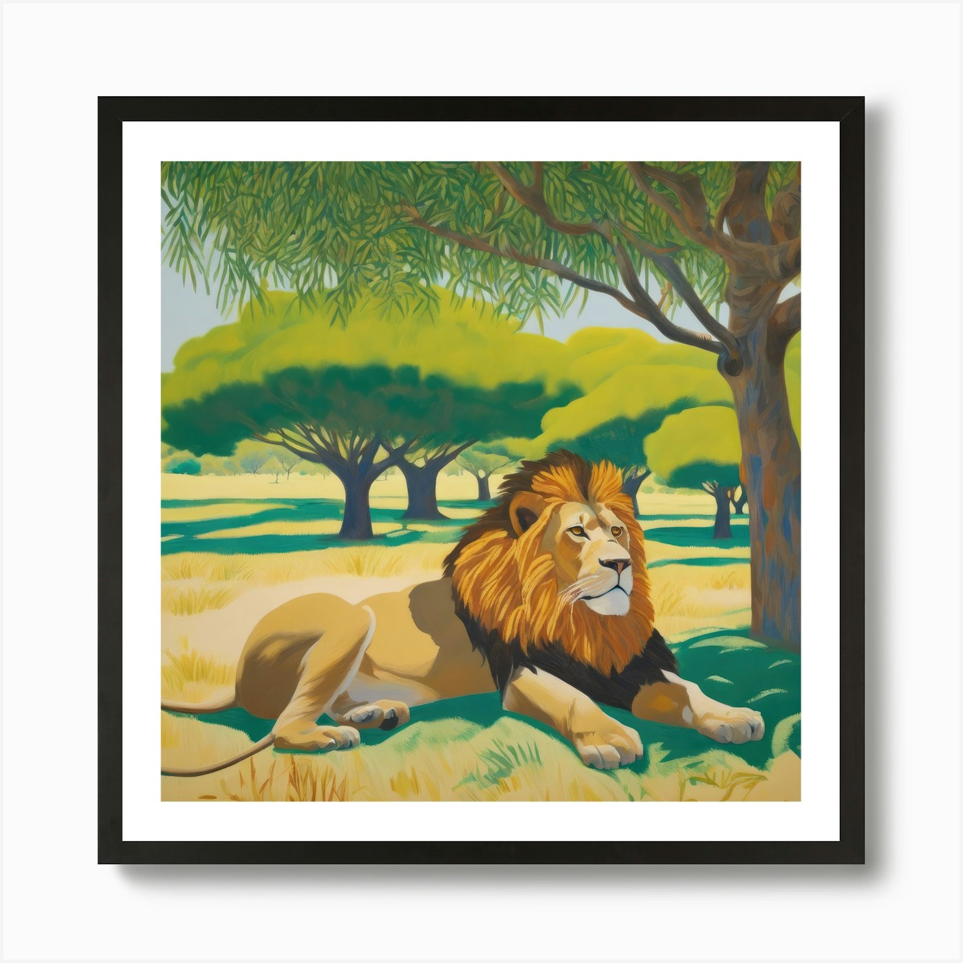 Lions Resting under Acacia Trees Se Framed Wall Art Poster Canvas Print Picture