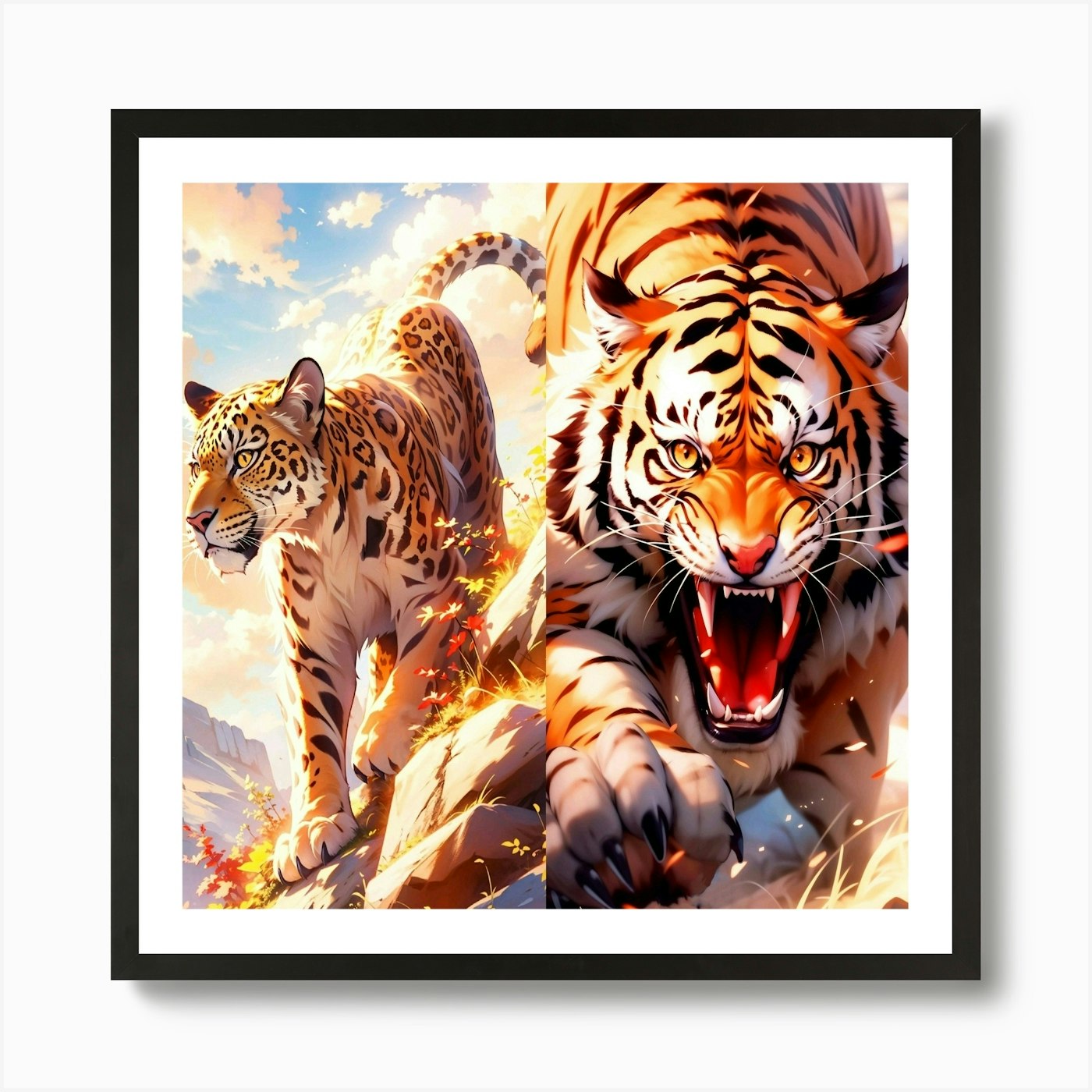 Tiger And Lion Art Print Framed Wall Art Poster Canvas Print Picture