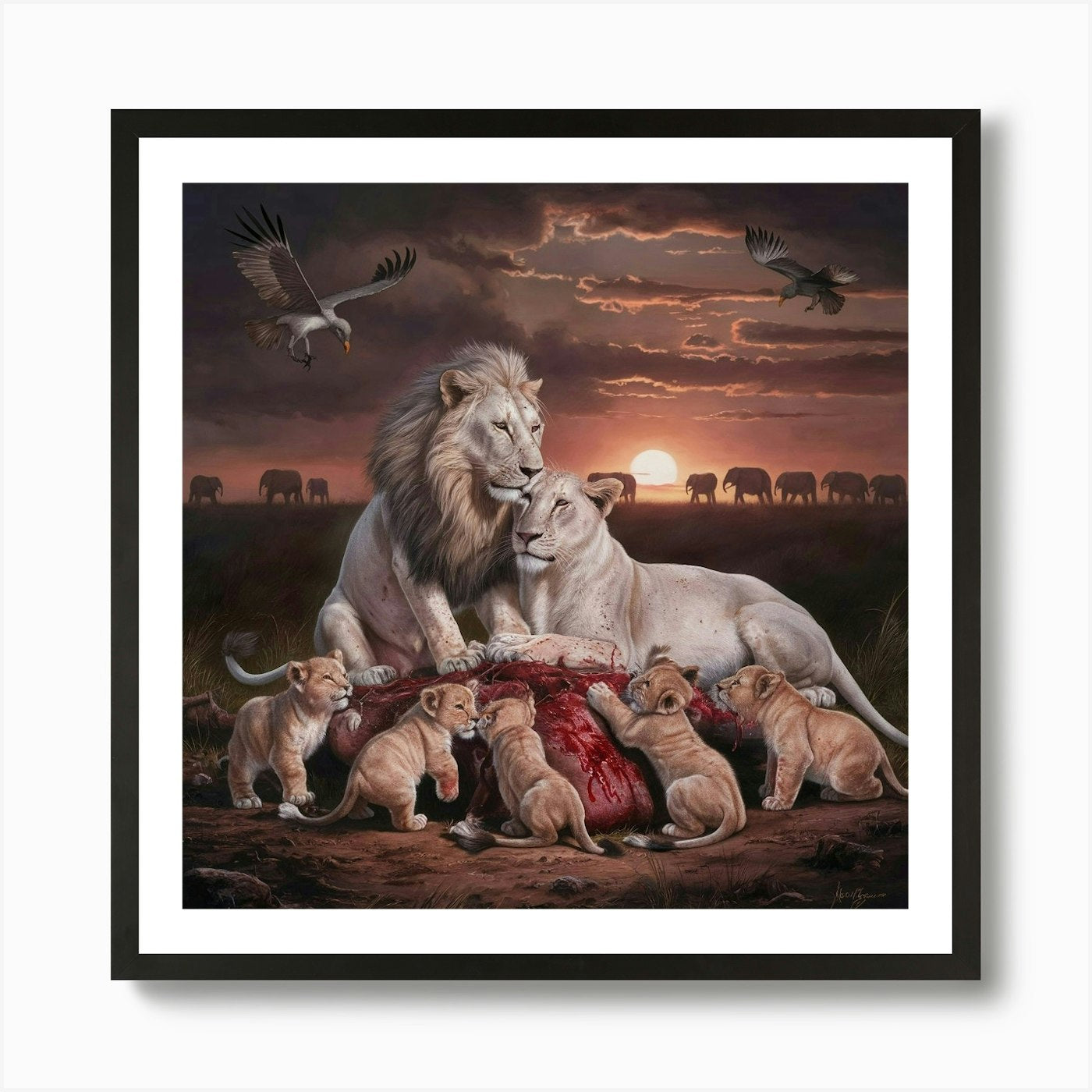 Lions At Sunset Art Print Framed Wall Art Poster Canvas Print Picture