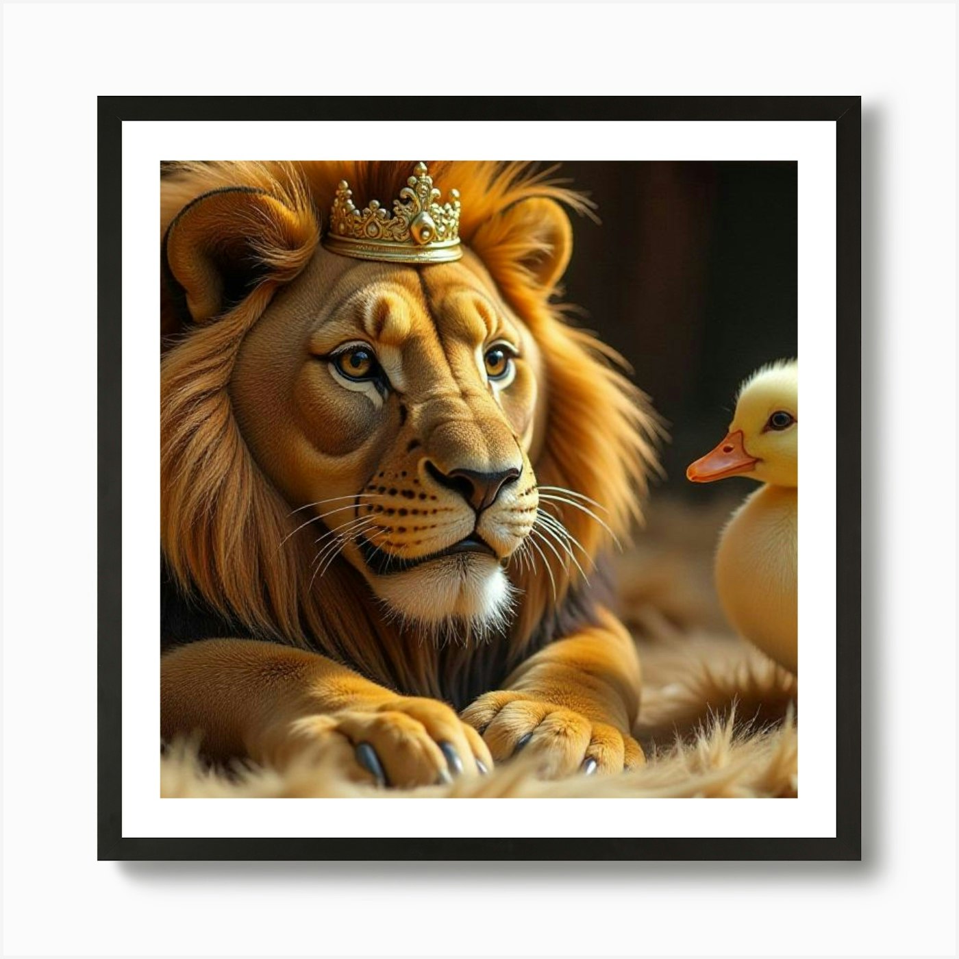 Regal Companions: A Lion and a Duck Framed Wall Art Poster Canvas Print Picture