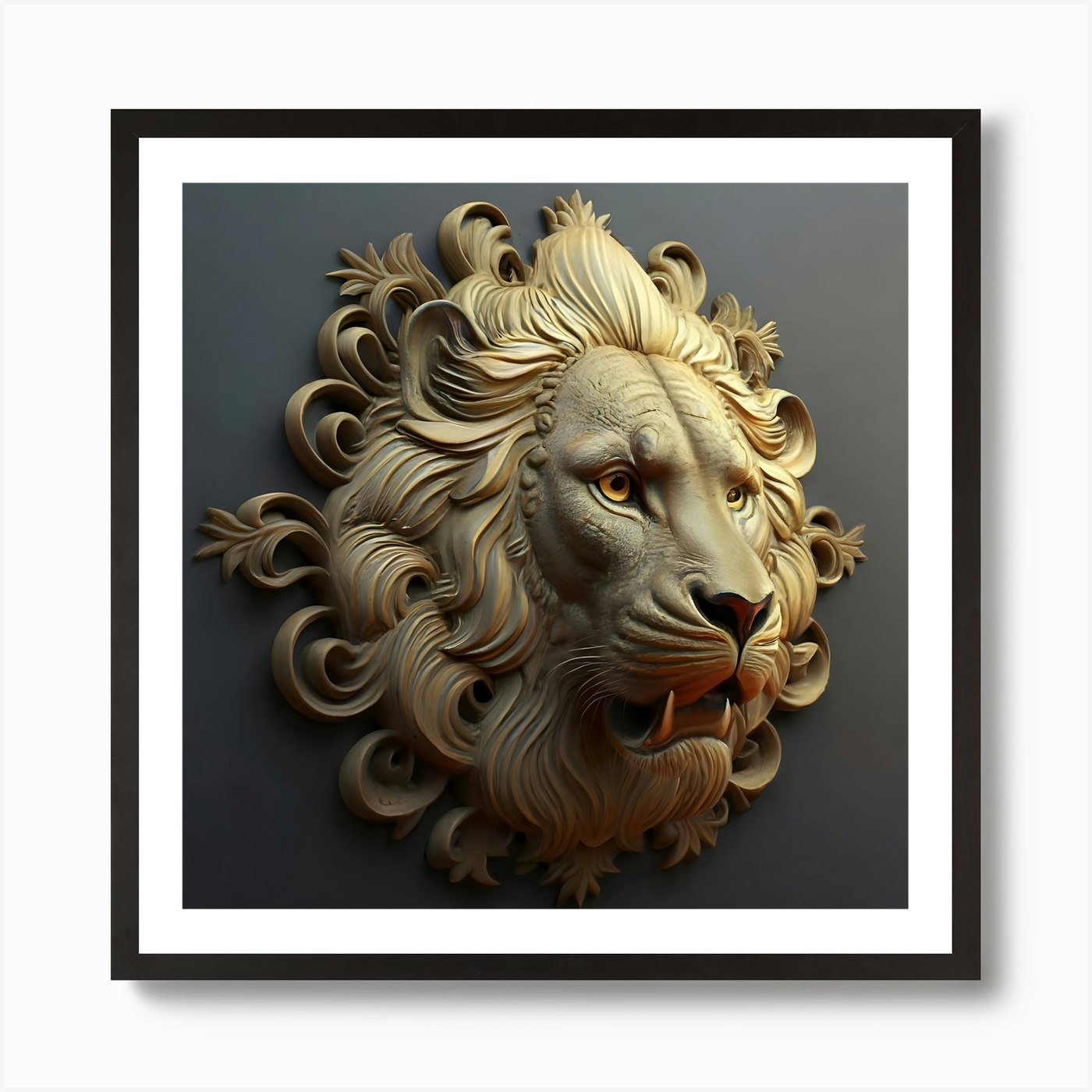Lion in 3D view with decorative pat Framed Wall Art Poster Canvas Print Picture