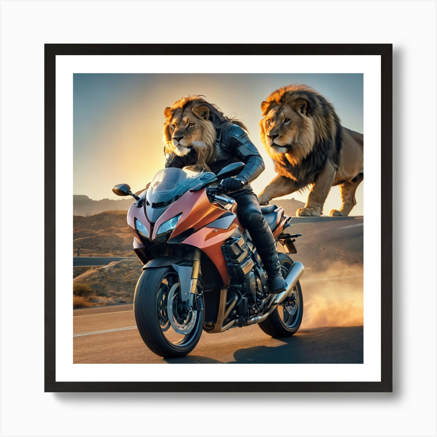 Lions And Motorcycles Art Print Framed Wall Art Poster Canvas Print Picture