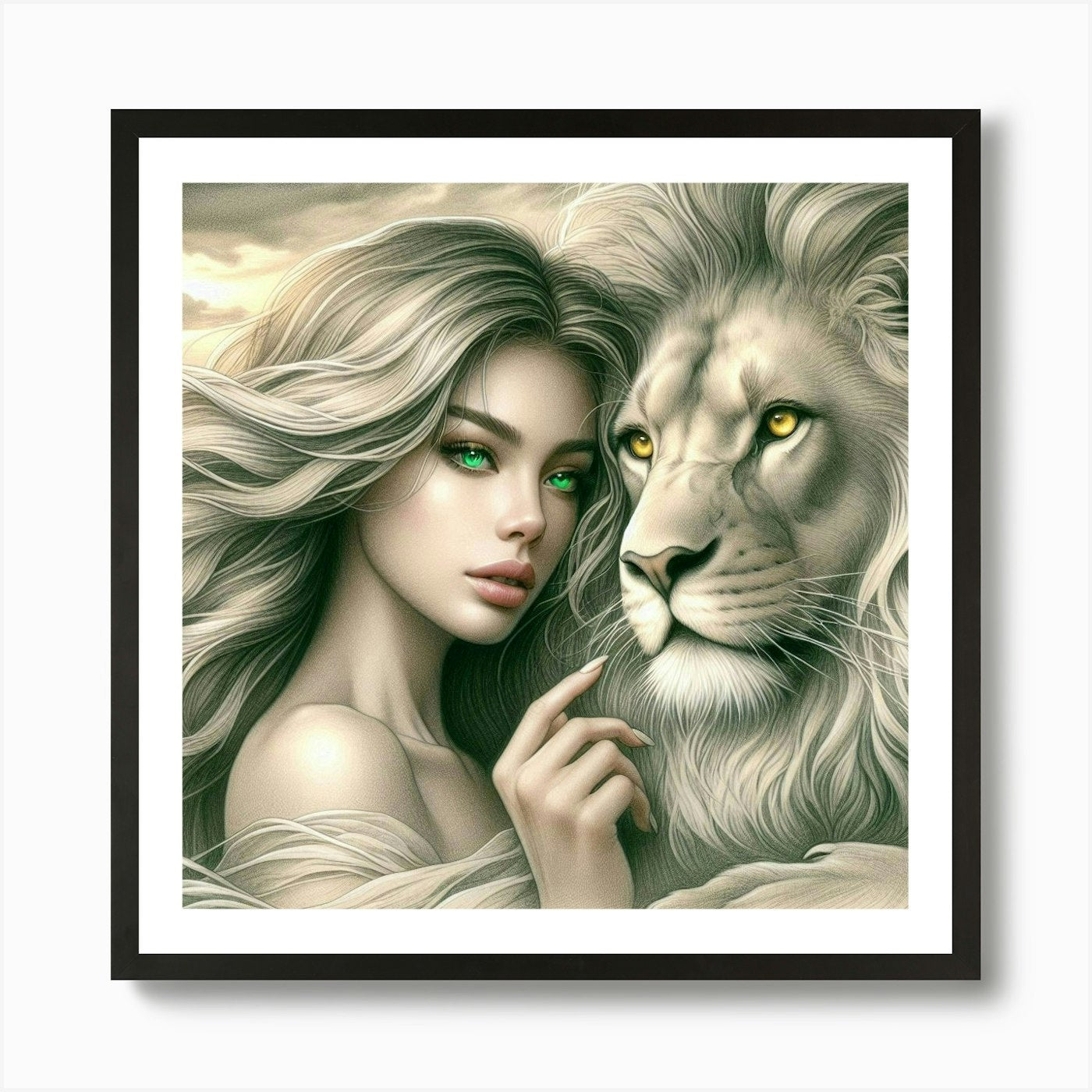 A beautiful woman and lion Art Prin Framed Wall Art Poster Canvas Print Picture