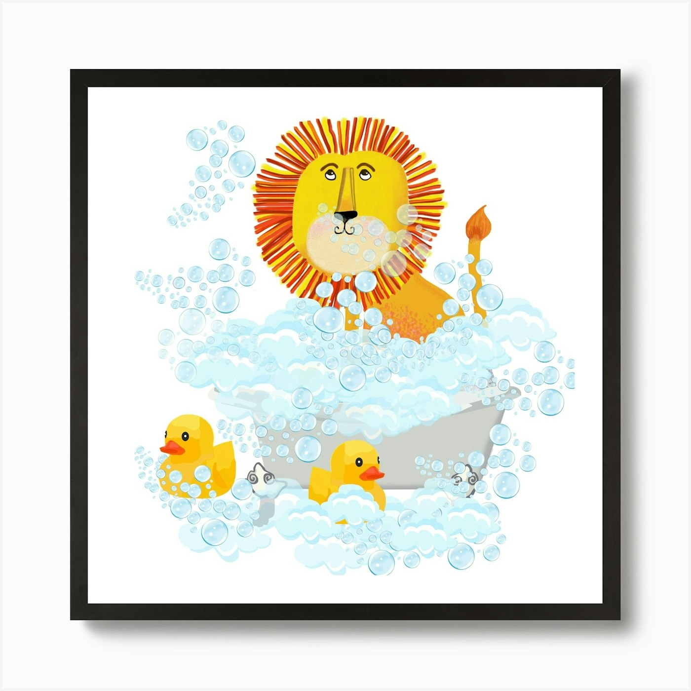 Lion enjoying bath and bubbles Art Framed Wall Art Poster Canvas Print Picture