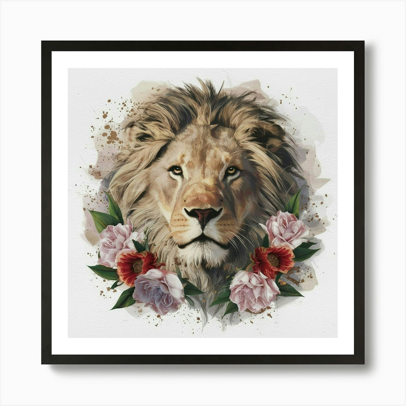 Lion With Flowers 4 Art Print Framed Wall Art Poster Canvas Print Picture