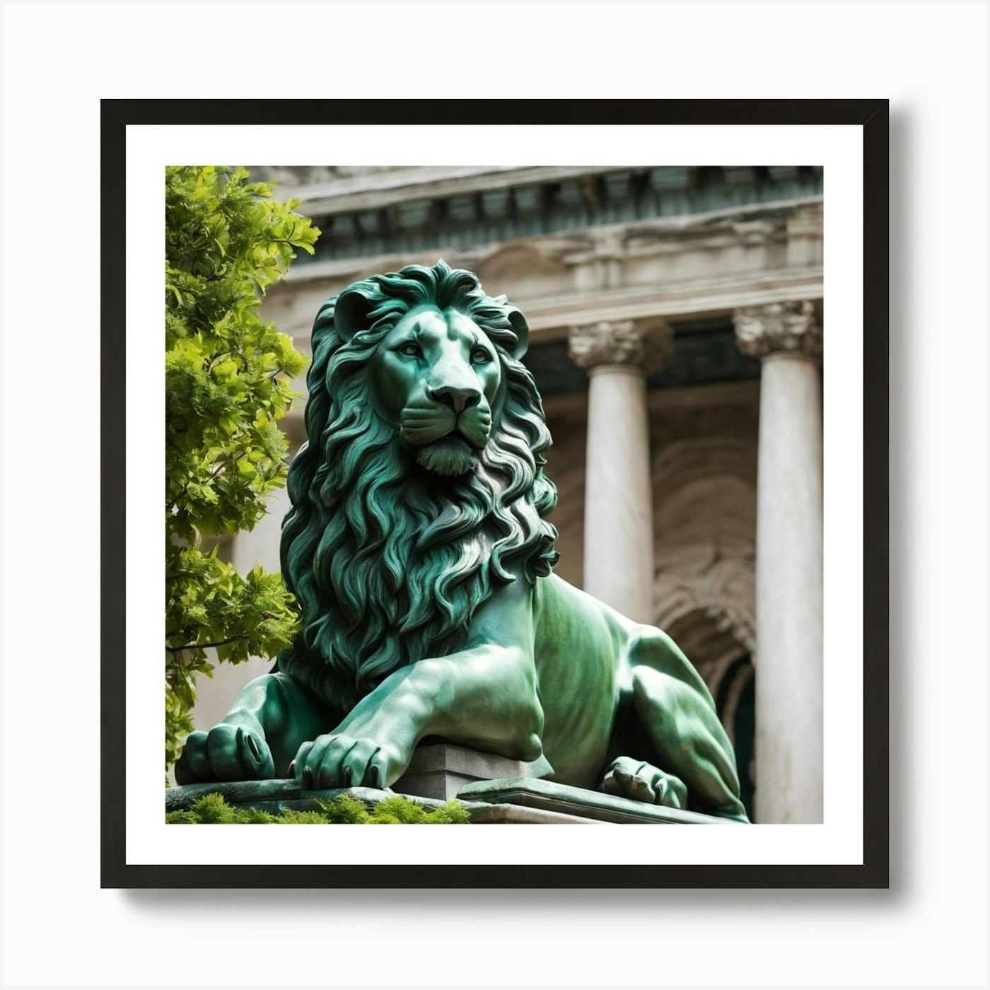 Lion Statue In Front Of A Building Framed Wall Art Poster Canvas Print Picture