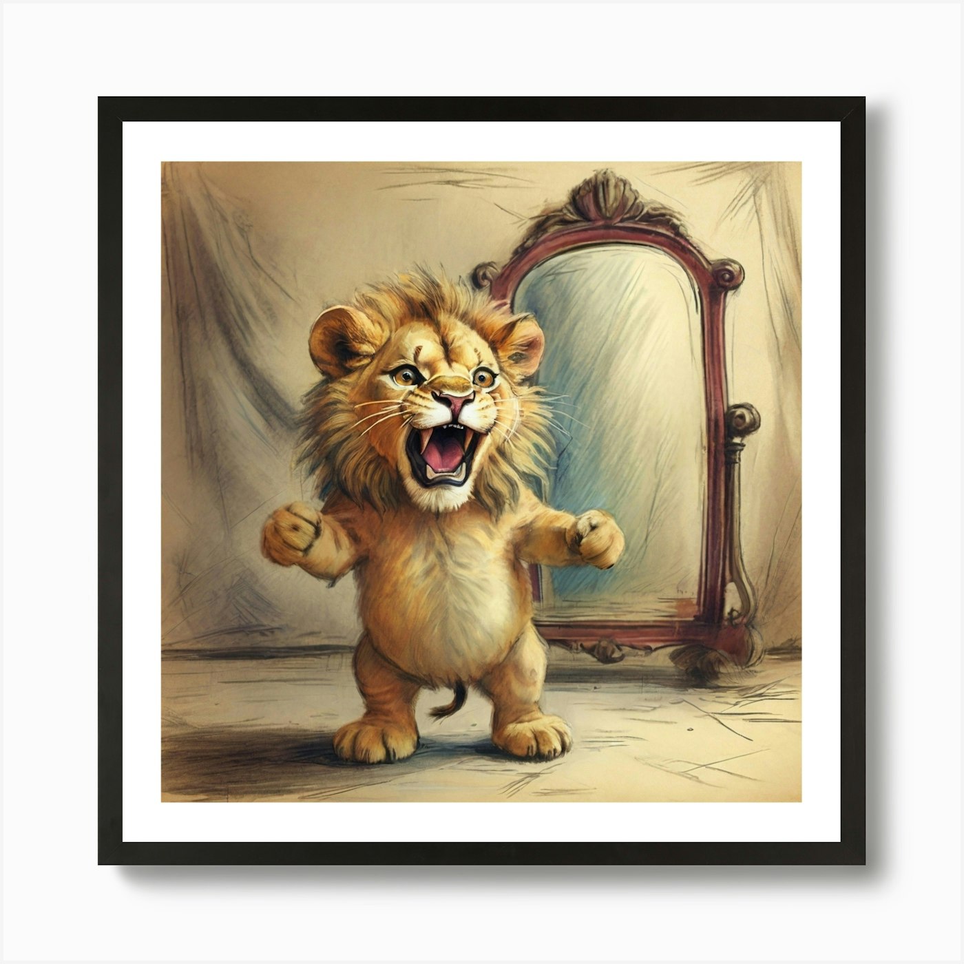 Lion In Front Of Mirror Art Print Framed Wall Art Poster Canvas Print Picture