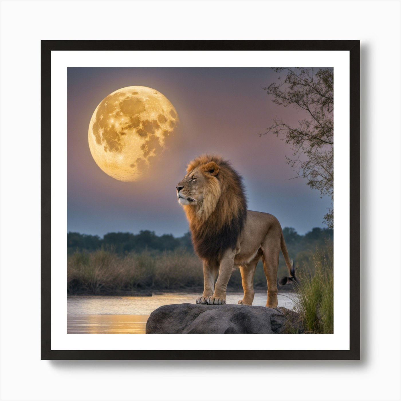 465271 Le Lion Boit De L’Eau Dans L Framed Wall Art Poster Canvas Print Picture