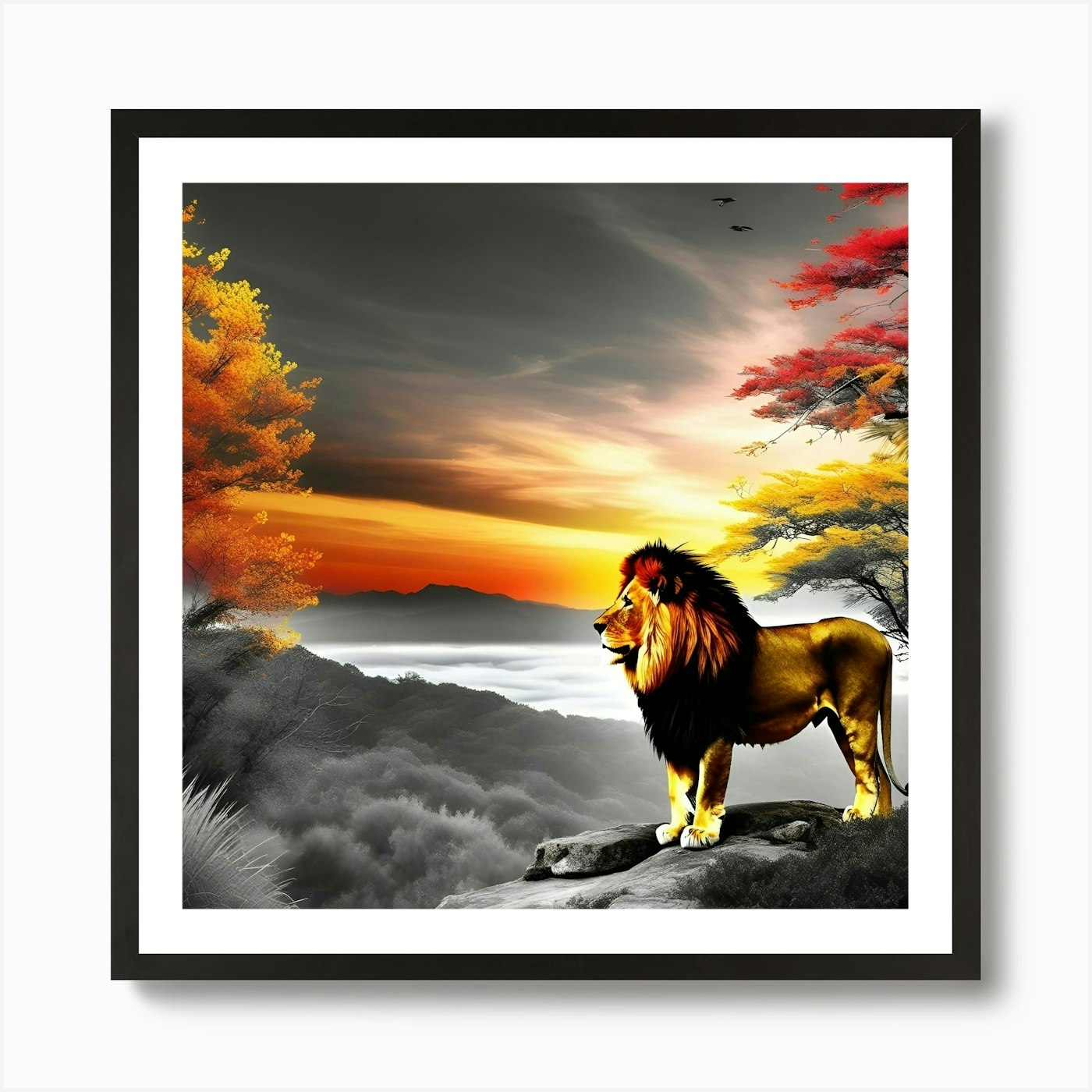 Lion In The Sunset 4 Art Print Framed Wall Art Poster Canvas Print Picture