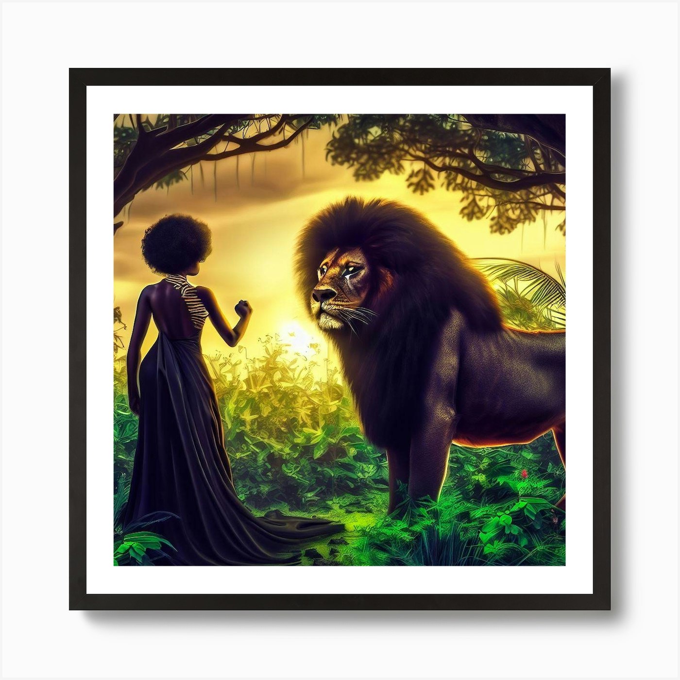 Lion And Woman Art Print Framed Wall Art Poster Canvas Print Picture