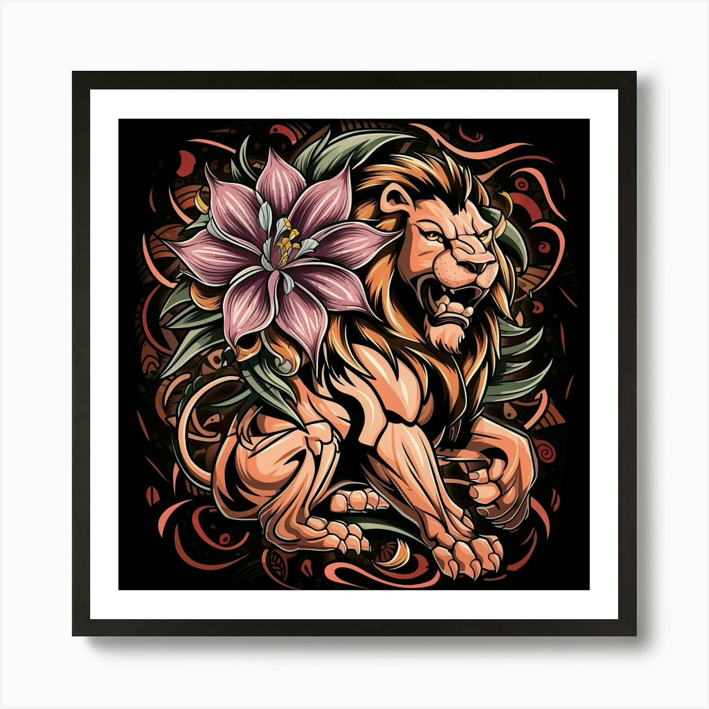 Lion With Flower 1 Art Print Framed Wall Art Poster Canvas Print Picture