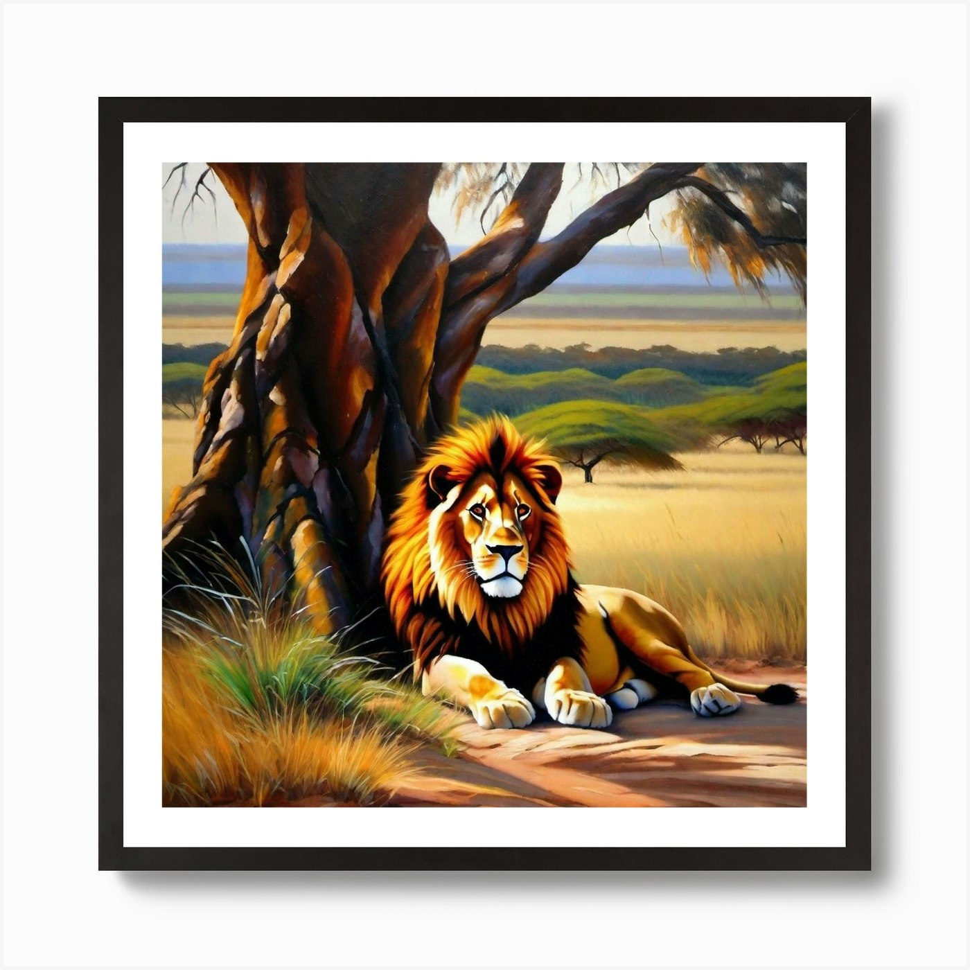 Lion By The Tree 1 Art Print Framed Wall Art Poster Canvas Print Picture