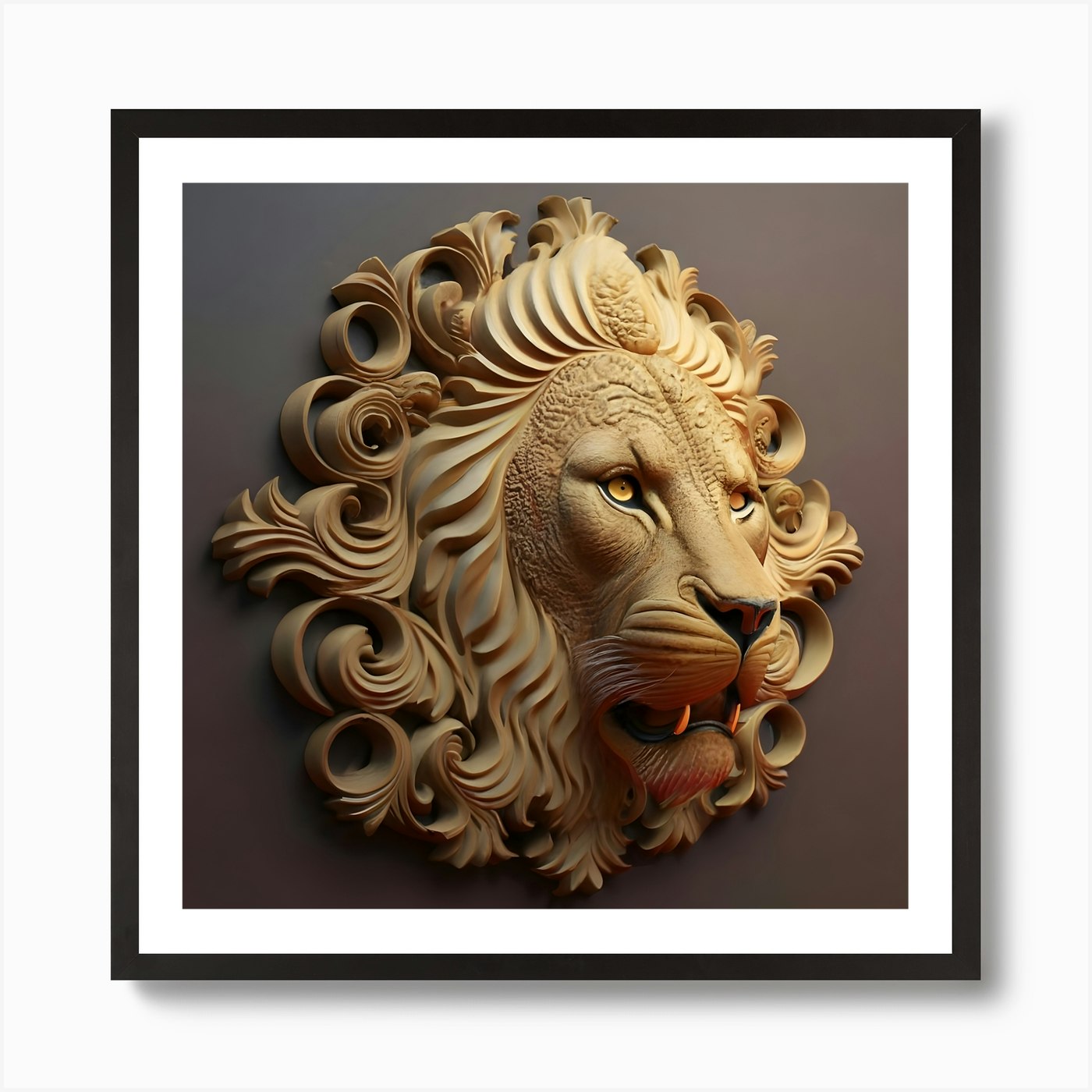 Lion in 3D view with decorative pat Framed Wall Art Poster Canvas Print Picture