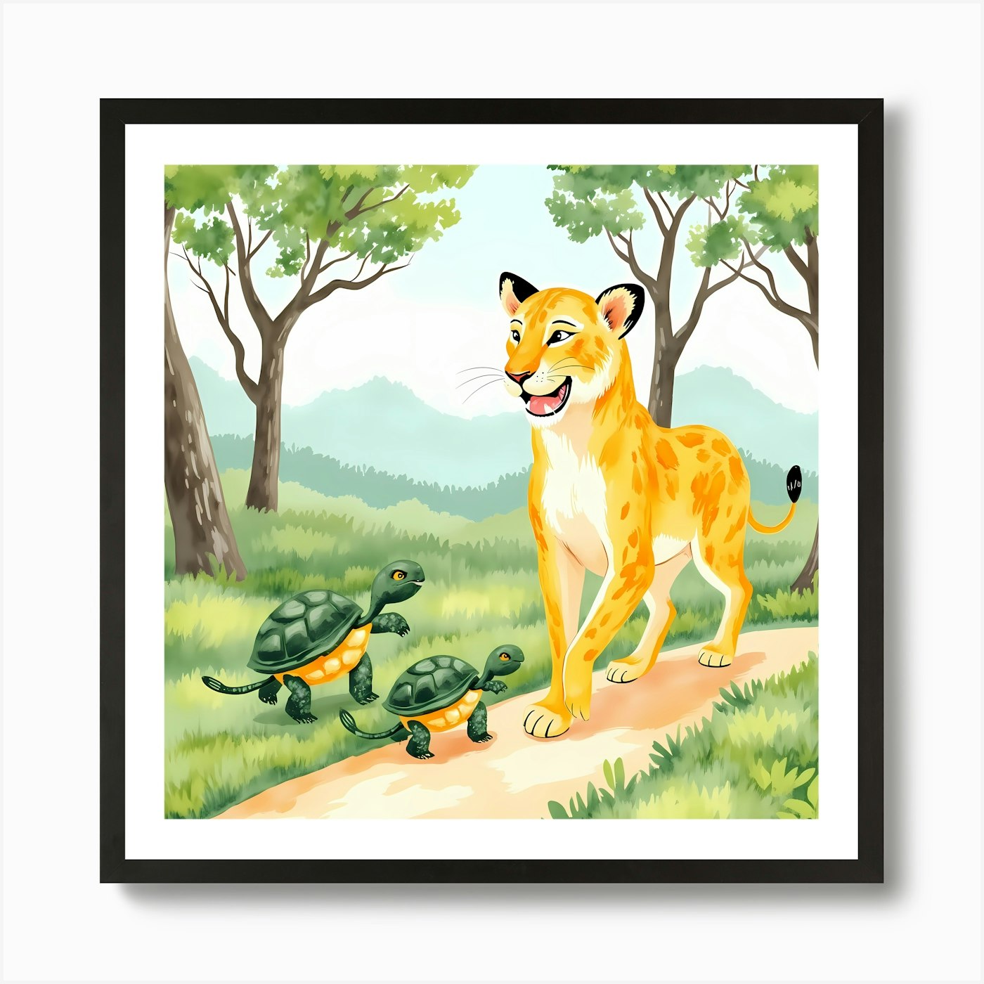 Lion And Turtles In The Forest 1 Ar Framed Wall Art Poster Canvas Print Picture