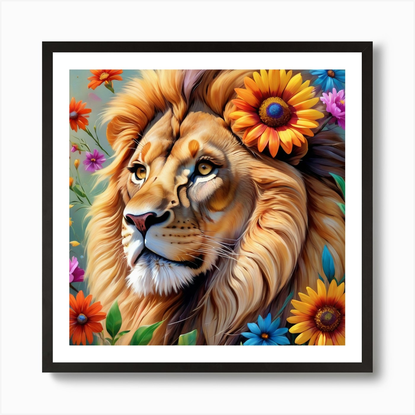 Floral Majesty: A Lion's Reverie Am Framed Wall Art Poster Canvas Print Picture