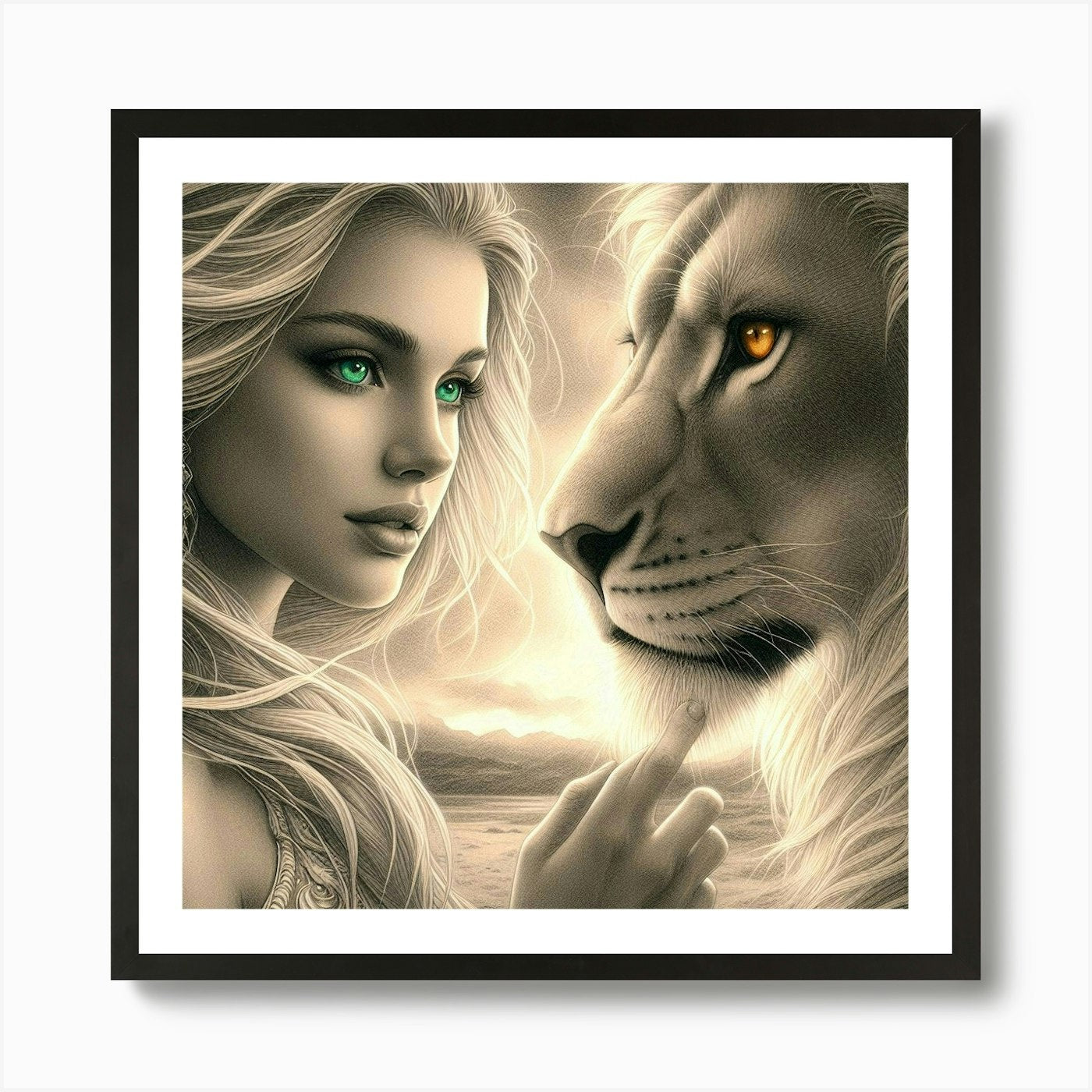 A beautiful woman and lion 4 Art Pr Framed Wall Art Poster Canvas Print Picture