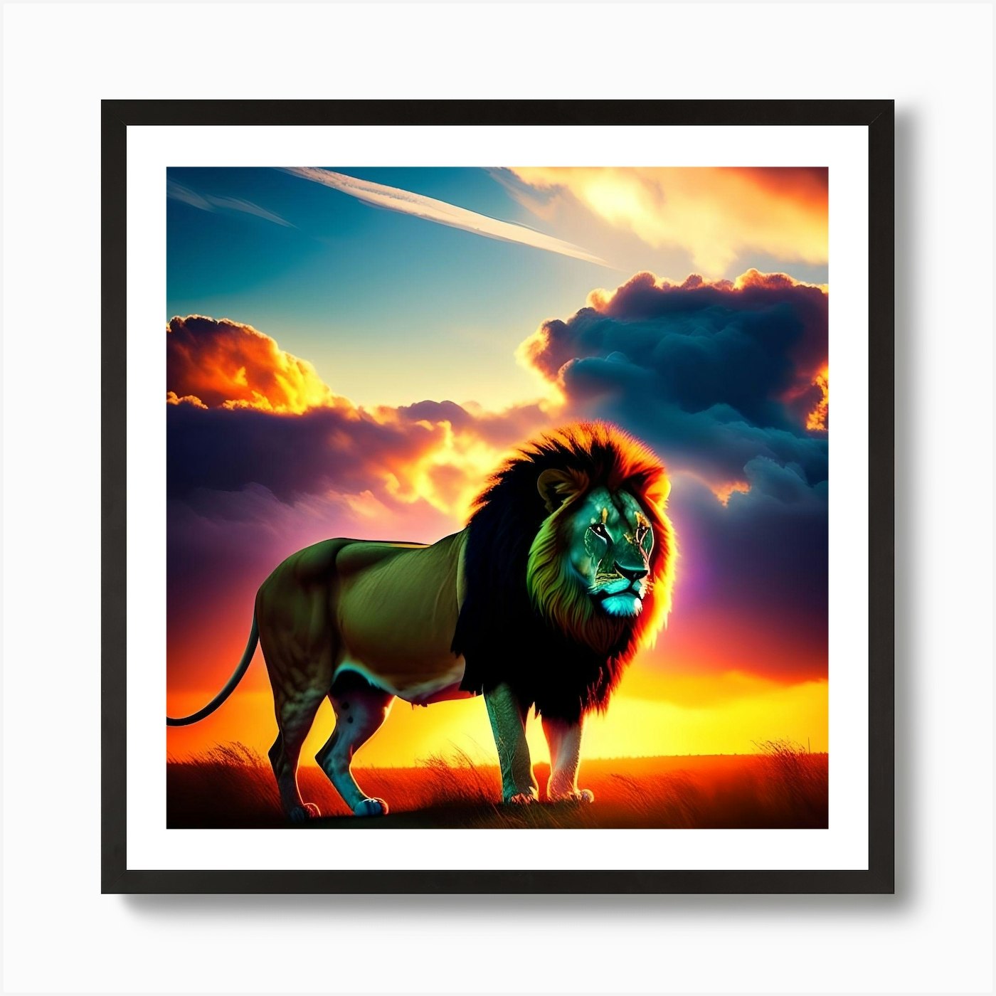 Lion In The Sunset Art Print Framed Wall Art Poster Canvas Print Picture