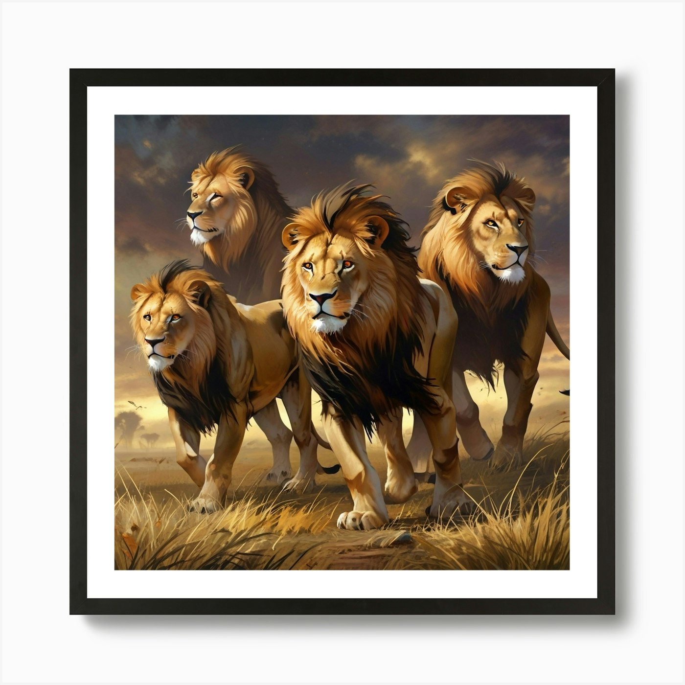 Default Lions Group On Savannah Hig Framed Wall Art Poster Canvas Print Picture