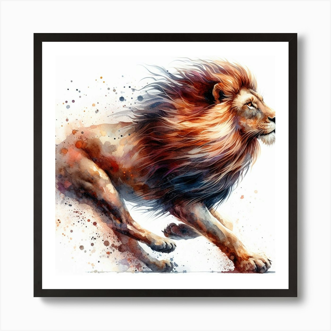 Lion In Motion, Lion Watercolour Ar Framed Wall Art Poster Canvas Print Picture