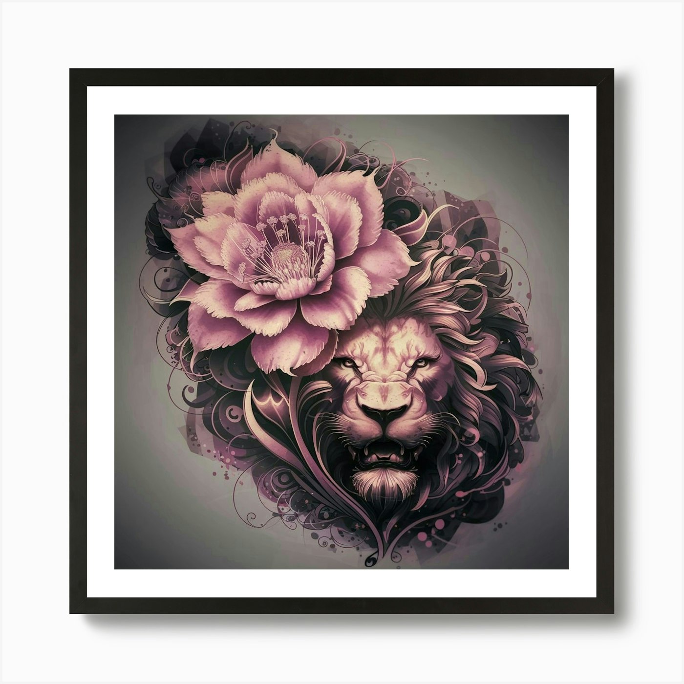 Lion With Flower Art Print Framed Wall Art Poster Canvas Print Picture