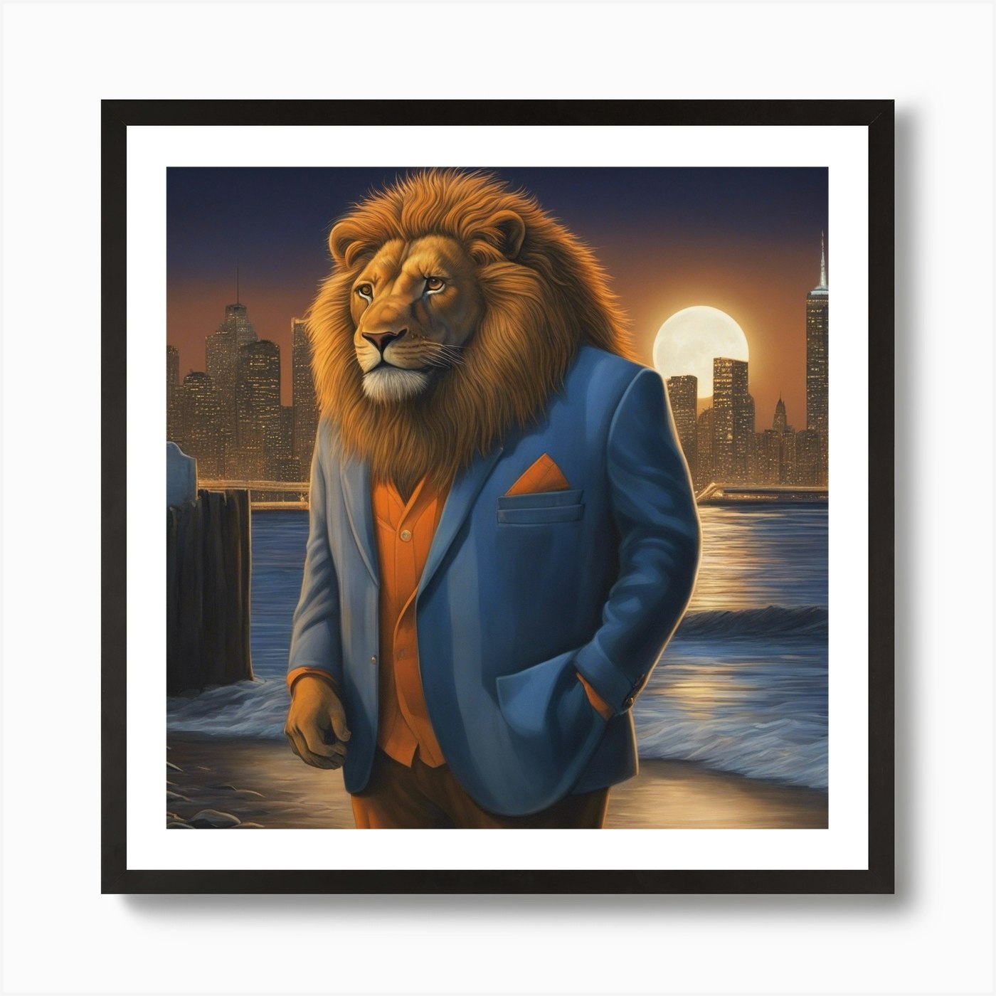 Lion In Beach Suit At Night, Downto Framed Wall Art Poster Canvas Print Picture