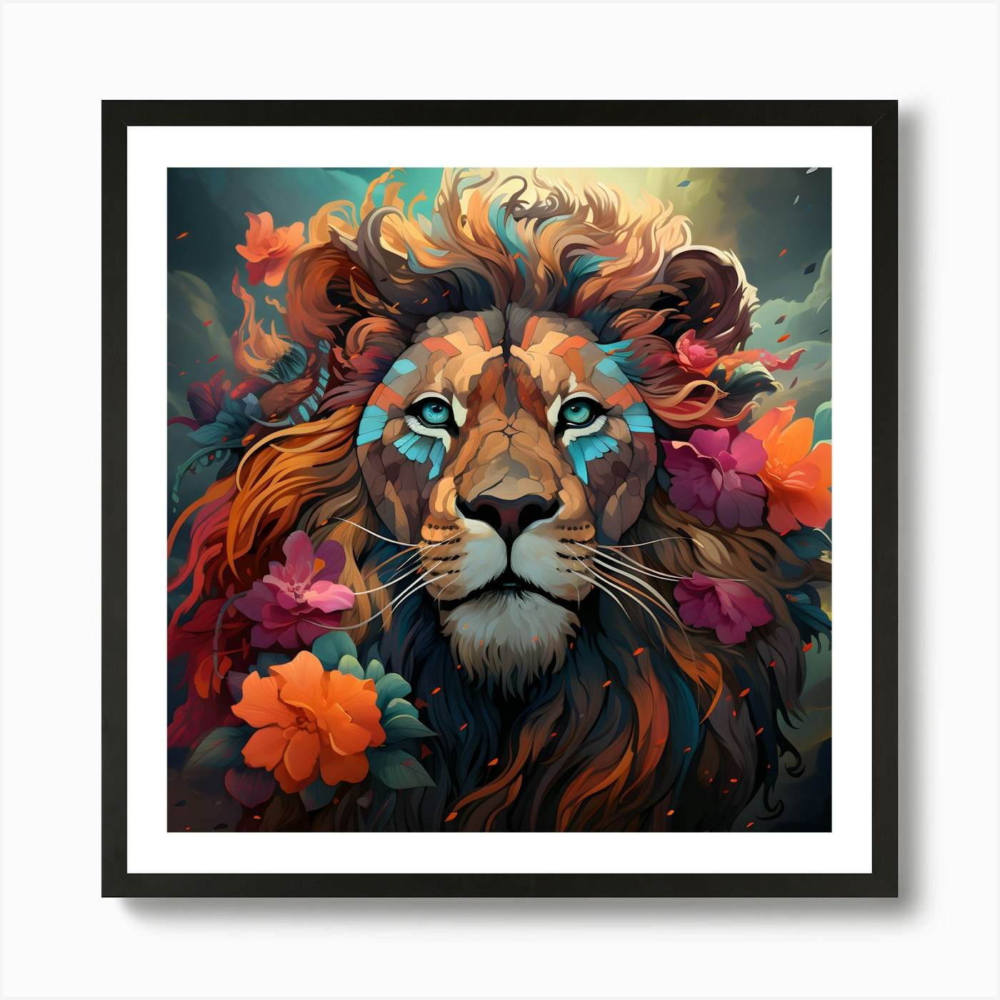 Lion With Flowers Art Print Framed Wall Art Poster Canvas Print Picture